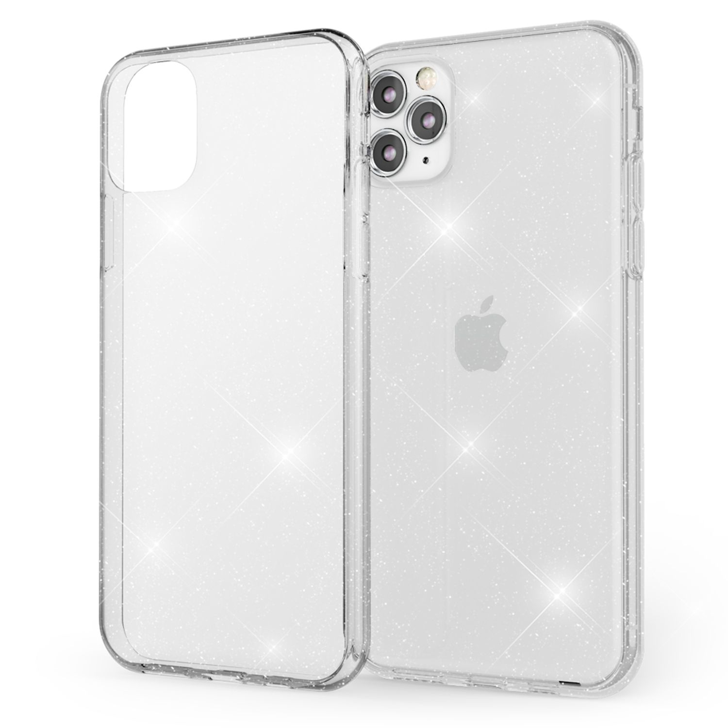 Una funda transparente para teléfono con purpurina, mostrando la parte trasera y el lateral.