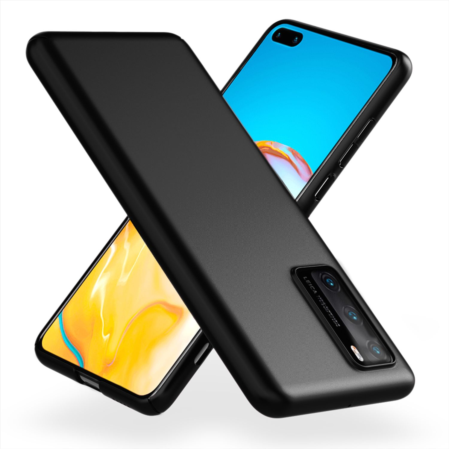 Étuis de téléphone noirs empilés, affichant des téléphones avec écrans bleus et jaunes.