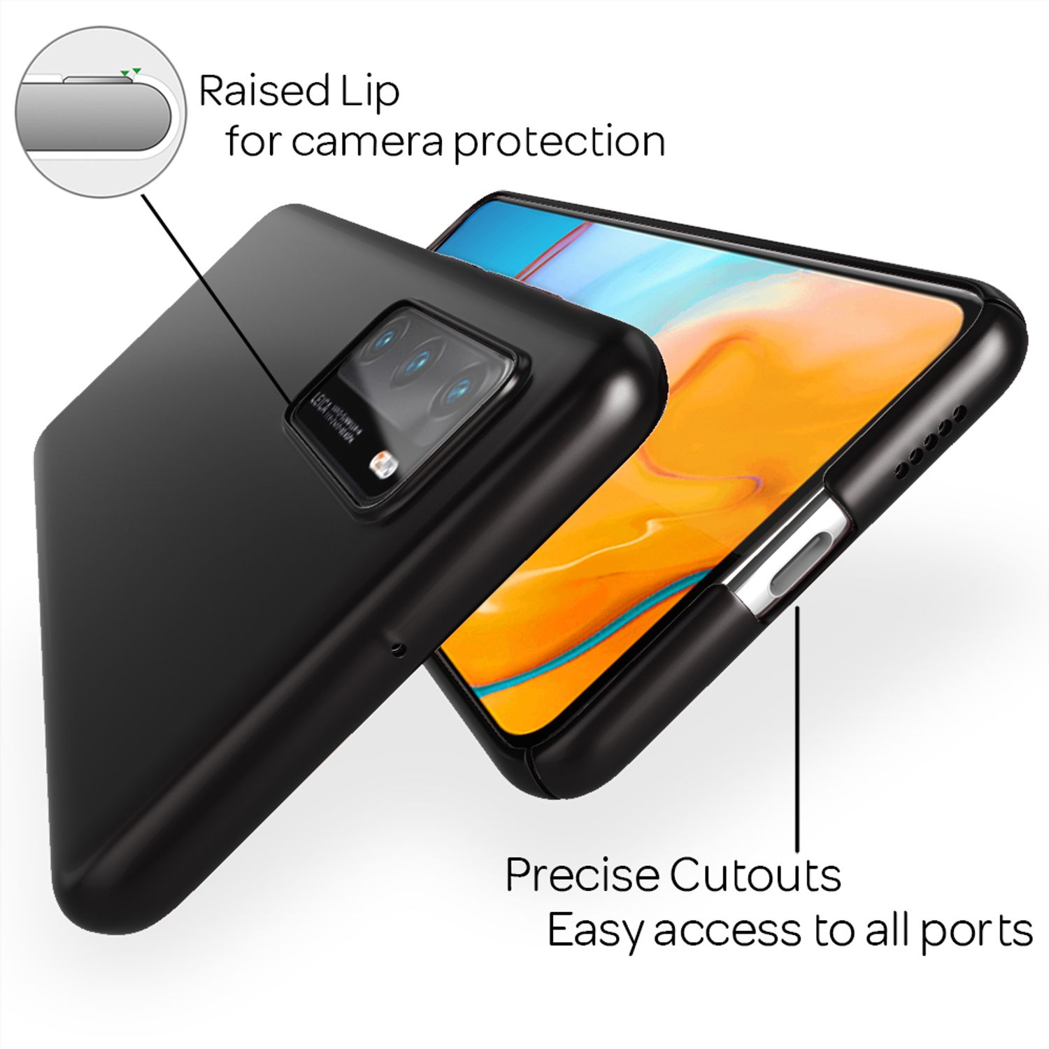 Un étui de téléphone noir montre une lèvre surélevée pour la protection de la caméra et des découpes précises pour les ports. Le téléphone est noir.