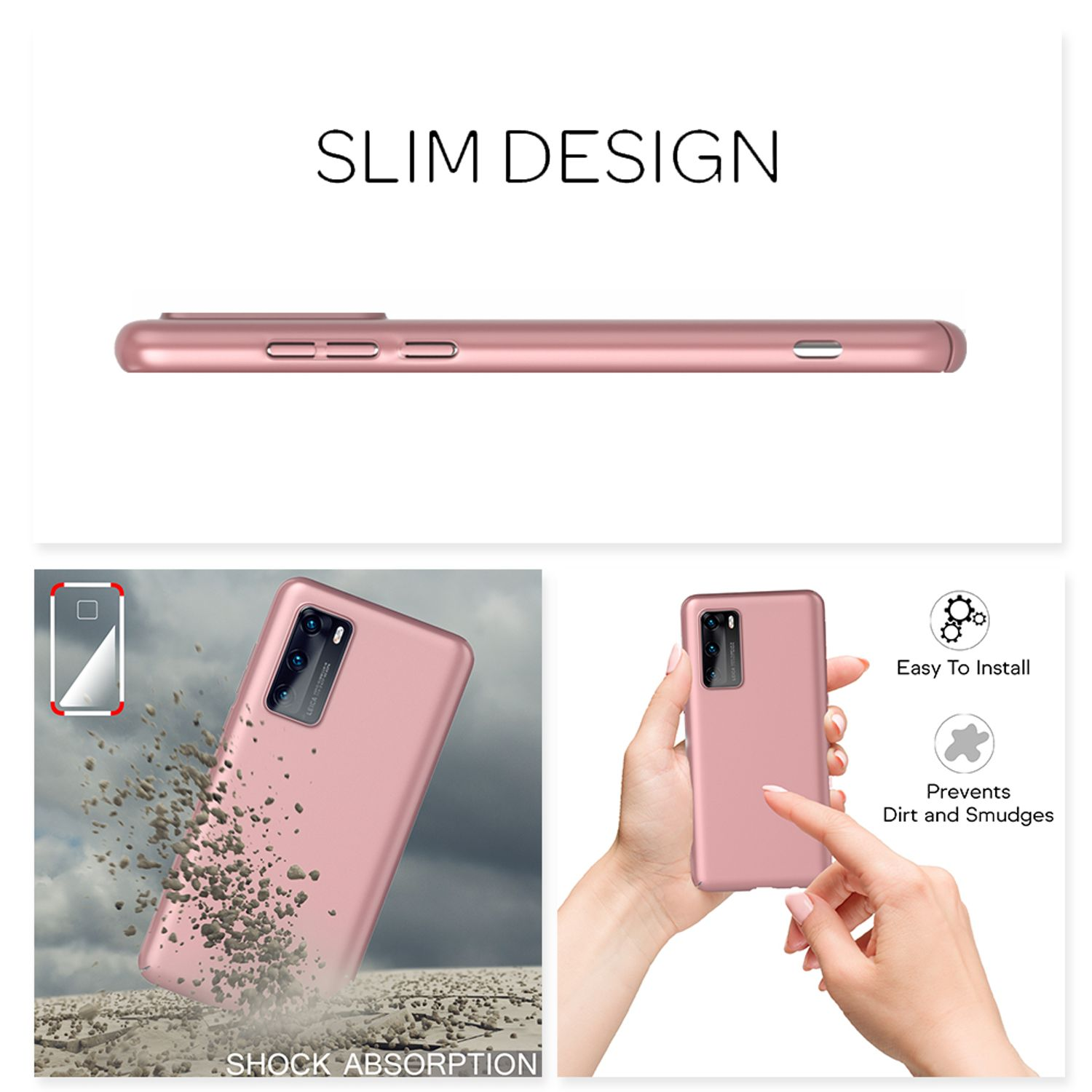 Une coque de téléphone rose avec un contour de téléphone, un téléphone à la main et des graphiques d'impact de saleté.