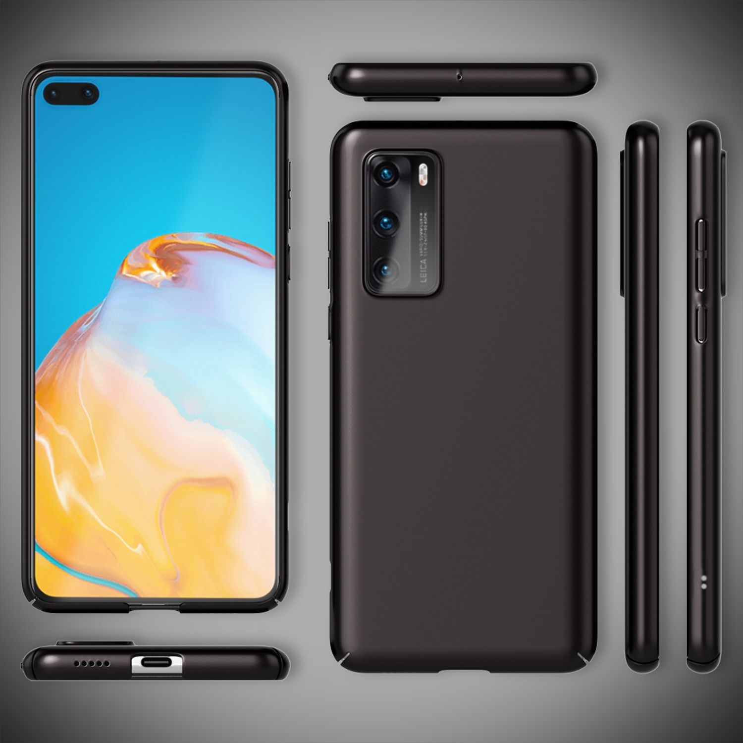 Ein schwarzes Smartphone mit Hülle, zeigt Vorder-, Rück- und Seitenansicht.