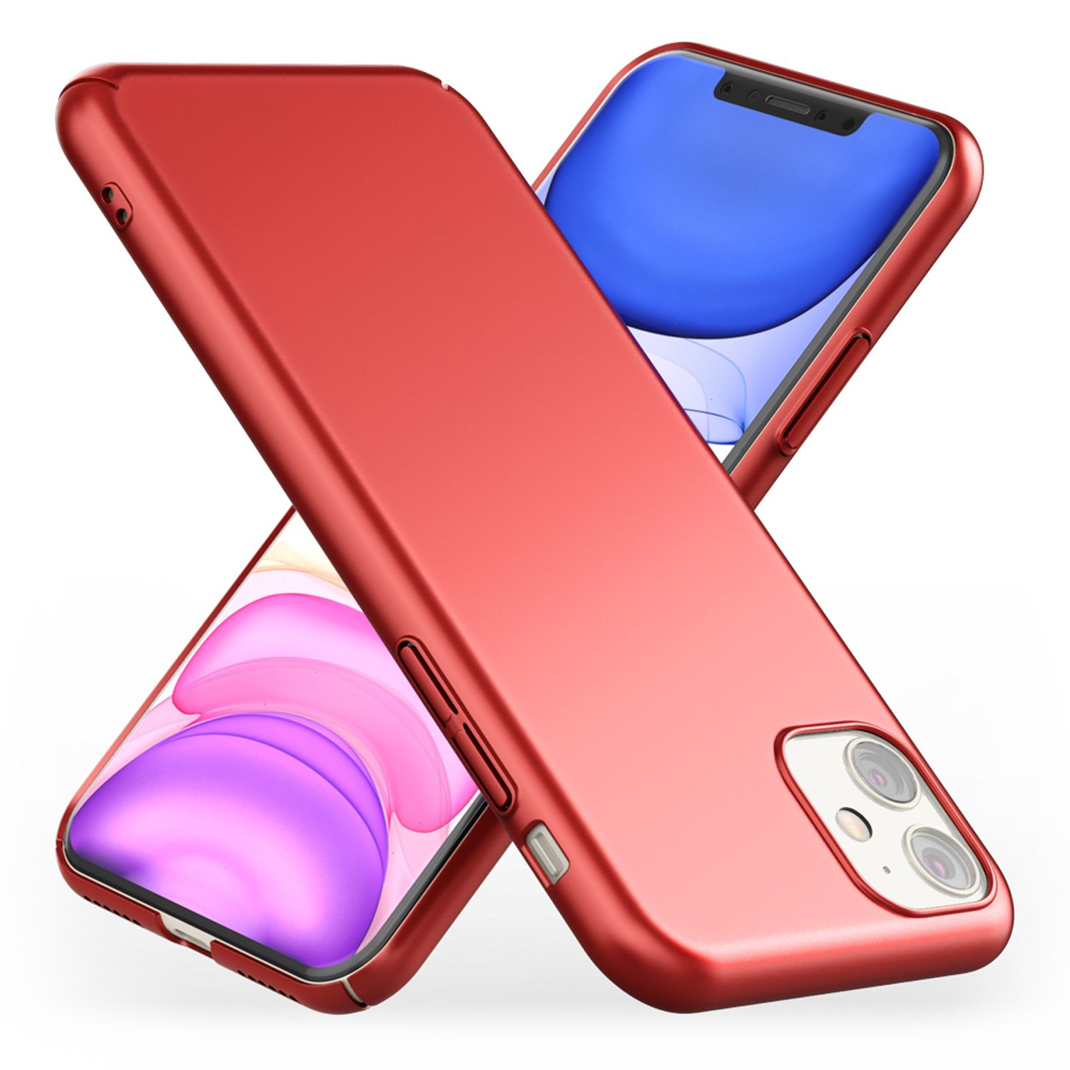 Zwei rote Handyhüllen, eine liegt über der anderen, zeigen Telefone.