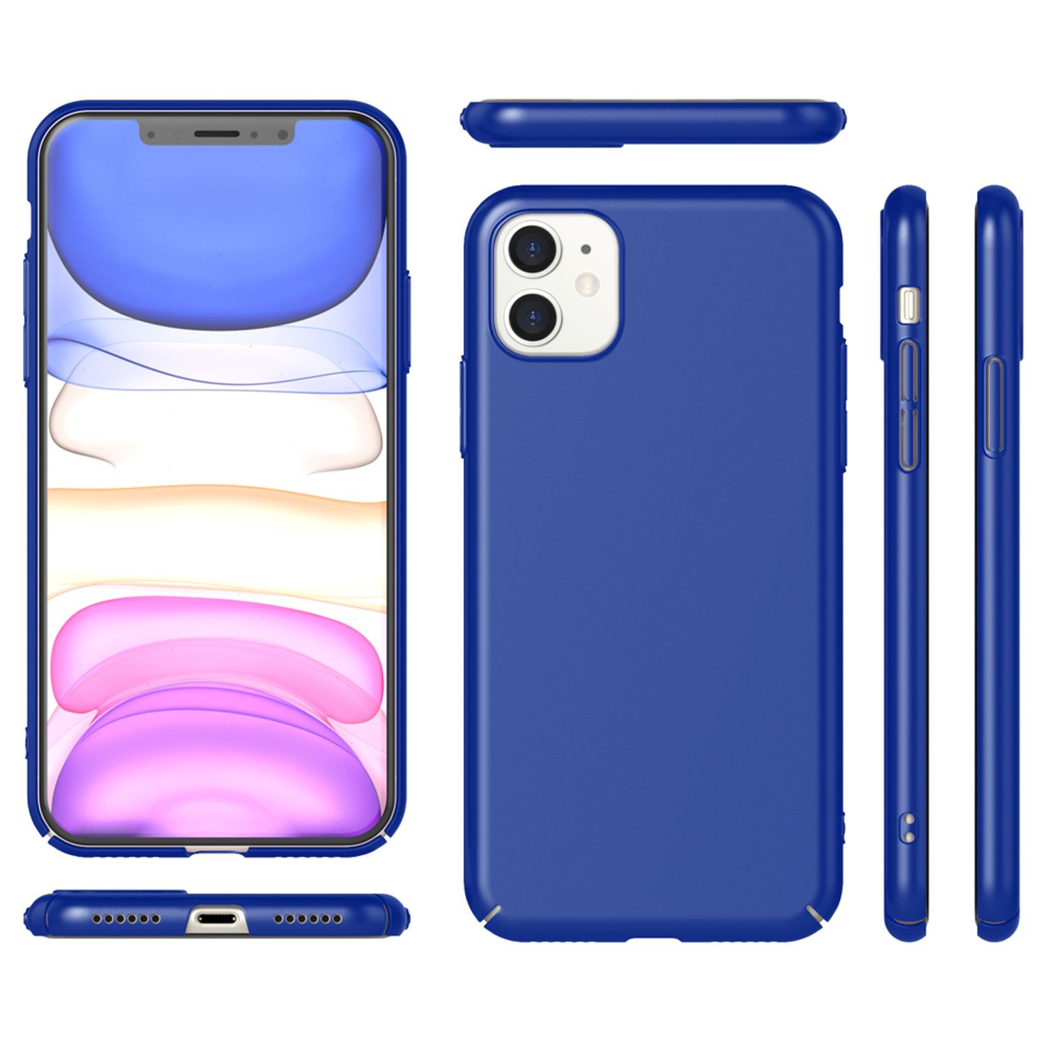 Eine blaue Handyhülle mit dem Telefon darin, mit mehreren Ansichten.