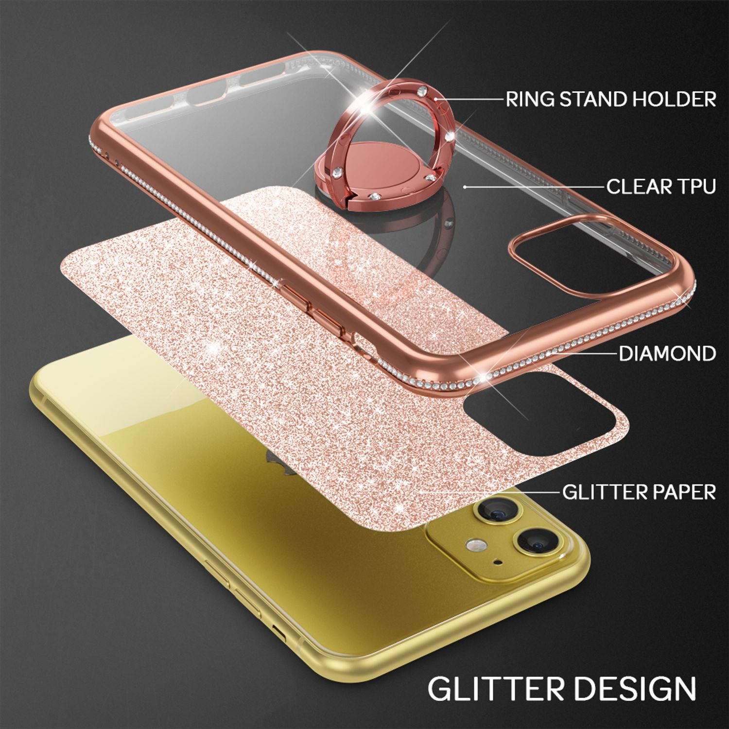 Handyhülle-Schichten: transparent, Glitzer, Telefon. Mit Ringhalter und TPU.