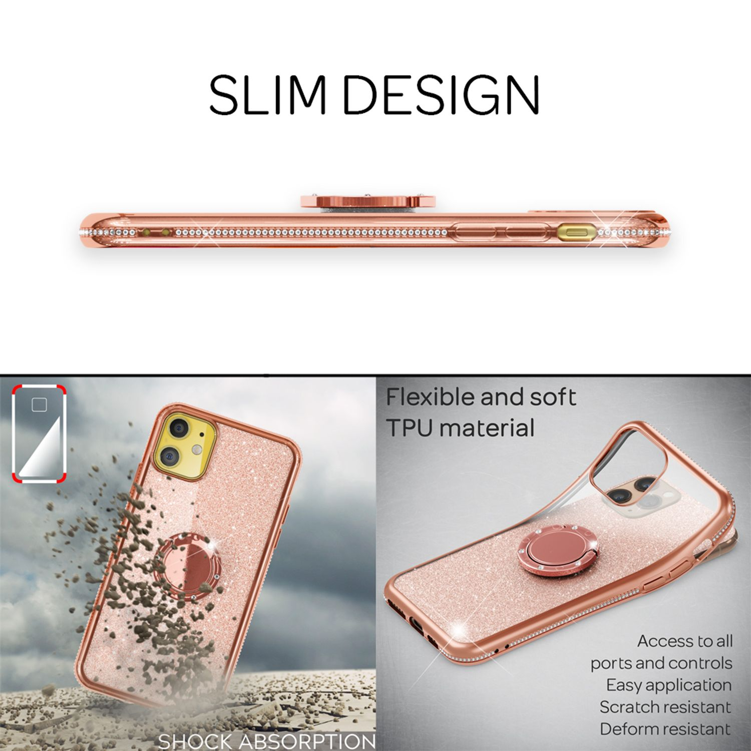 Handyhülle mit Glitzer und Ringhalter, aus mehreren Blickwinkeln gezeigt. Text: 'Slim Design', 'Shock Absorption'.