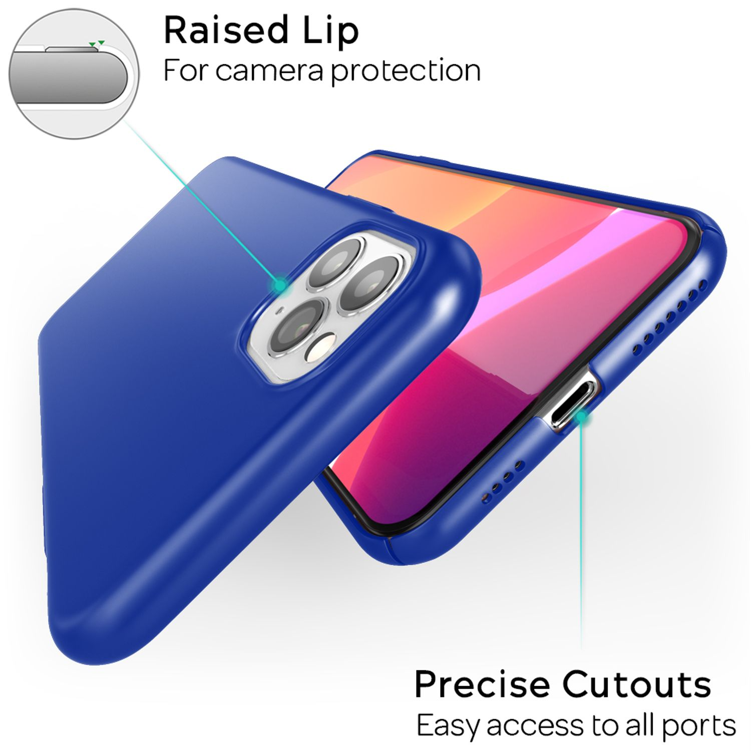 Eine blaue Handyhülle mit einer Kameraaussparung und der Schrift Precise Cutouts, easy access to all ports.