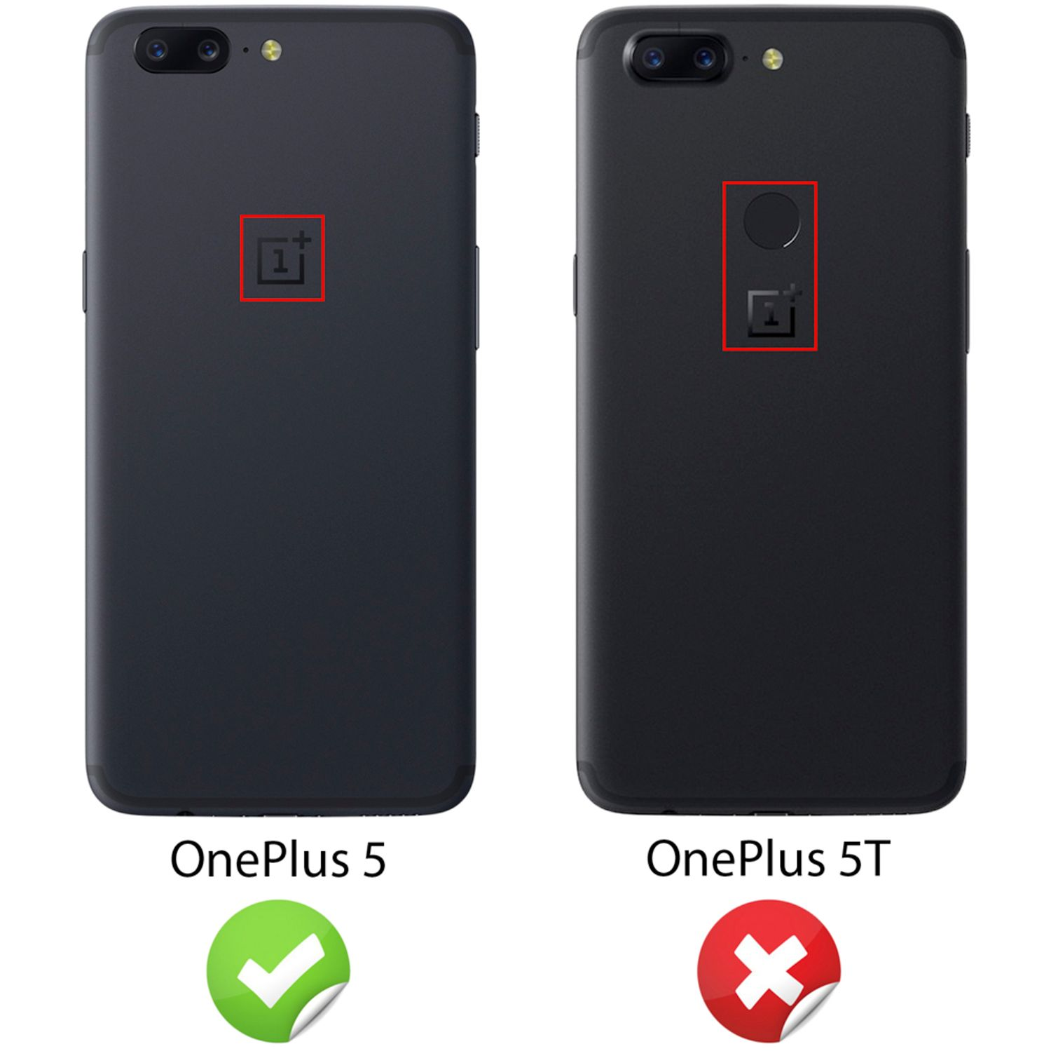 Zwei schwarze Telefone, eines mit OnePlus 5 und das andere OnePlus 5T beschriftet. OnePlus 5 hat einen grünen Haken, 5T ein rotes X.