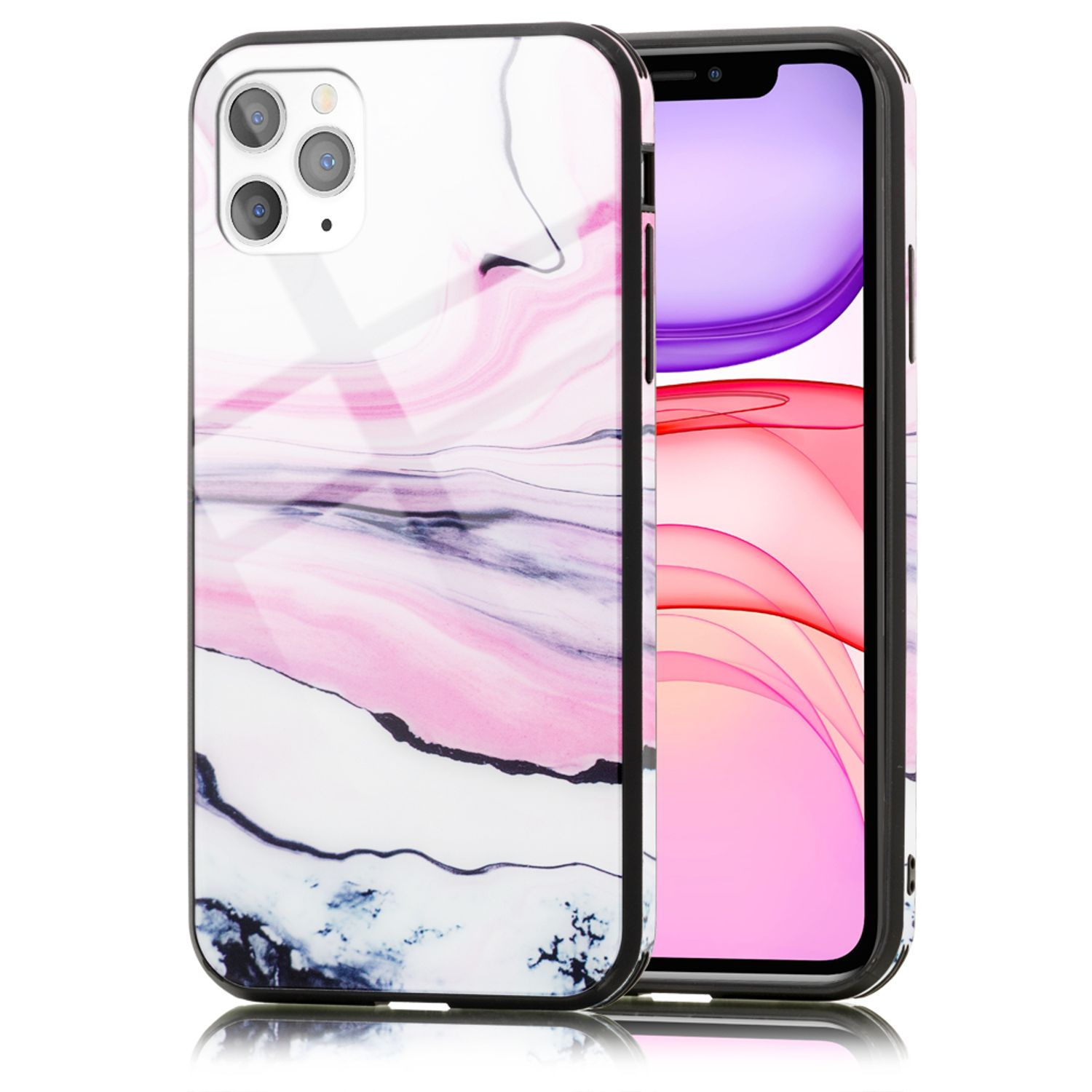 Handyhülle mit weißem, rosa und schwarzem Marmordesign. Das Telefon zeigt einen rosa und lila abstrakten Hintergrund.