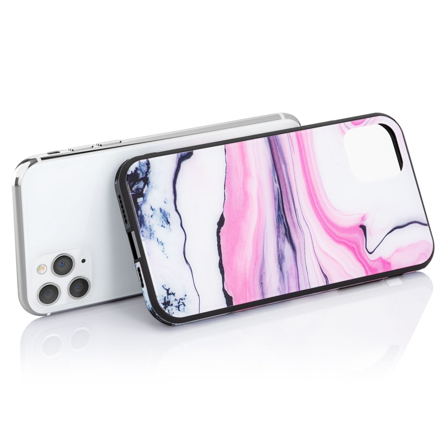 Zwei Telefone; eines mit Marmorgehäuse, das andere zeigt die Rückseite. Weißer Hintergrund.