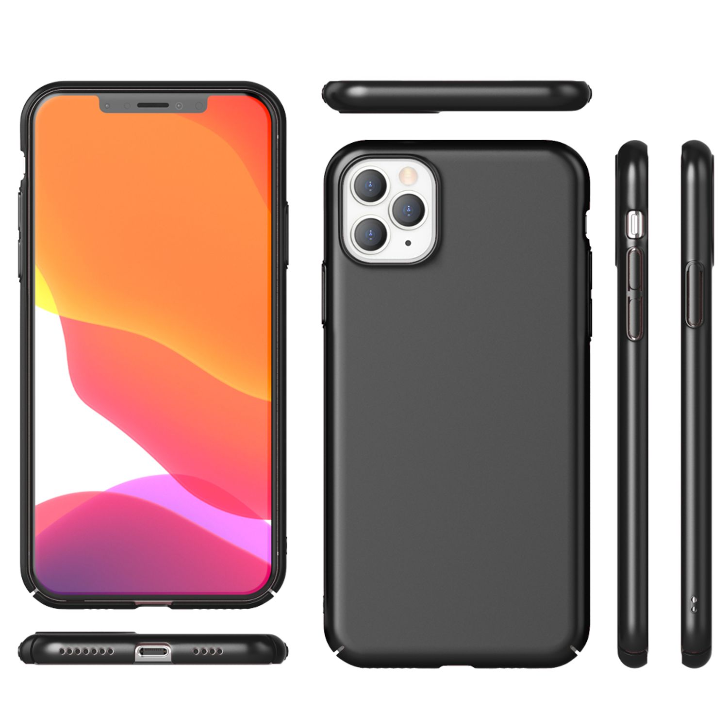 Schwarze Handyhülle und Telefon in Front-, Seiten- und Draufsicht. Der Bildschirm zeigt ein farbenfrohes Hintergrundbild.