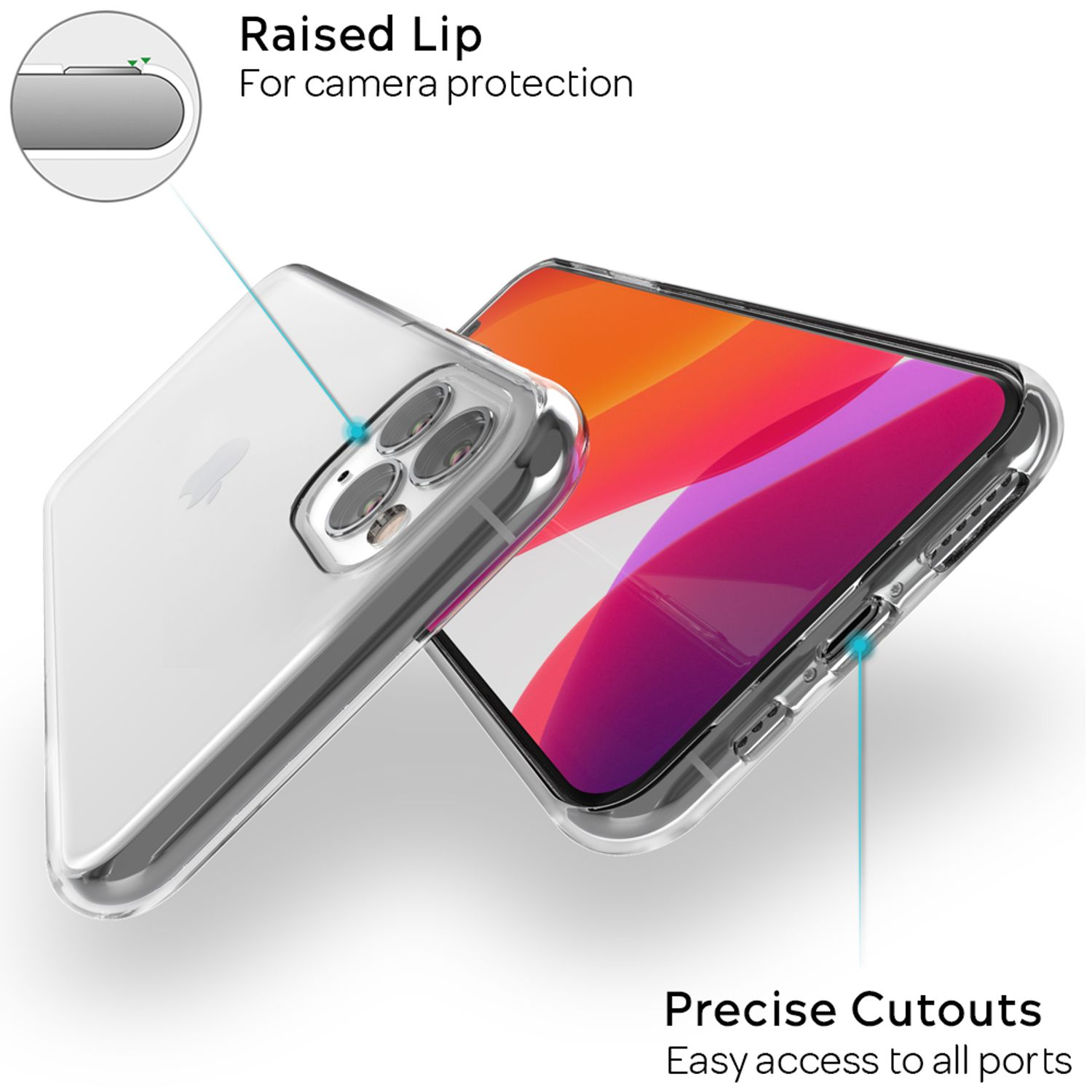 Transparente Handyhülle schützt iPhone, mit Kamera- und Port-Ausschnitten.