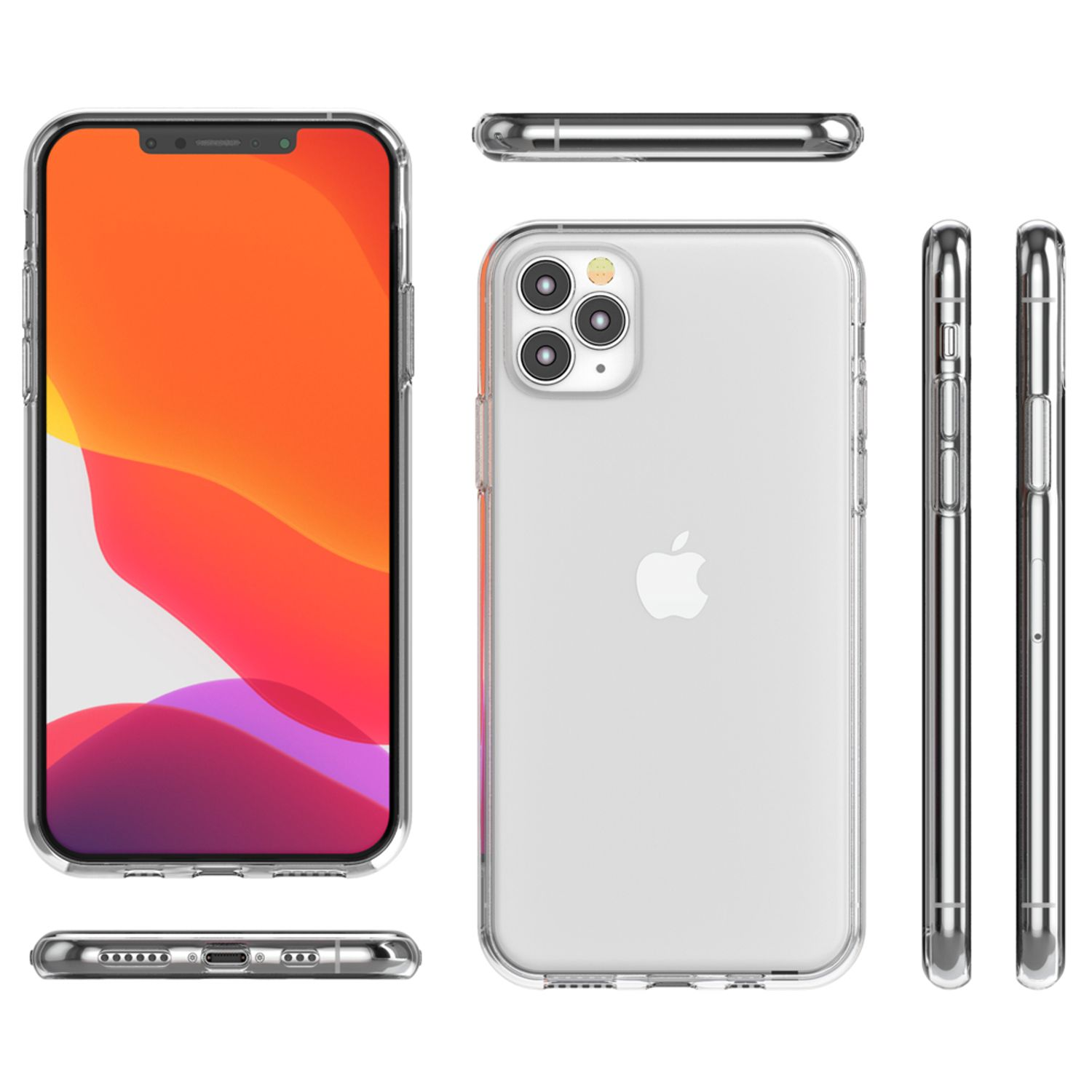 Mehrere Ansichten eines iPhones in einer durchsichtigen Hülle, Vorder-, Rück- und Seitenansicht.