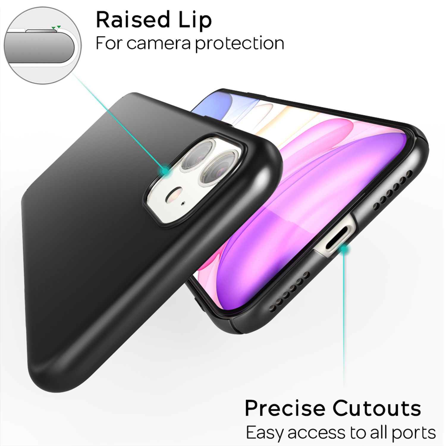 Eine schwarze Handyhülle mit einem Telefon, das präzise Aussparungen und einen erhöhten Rand zeigt.