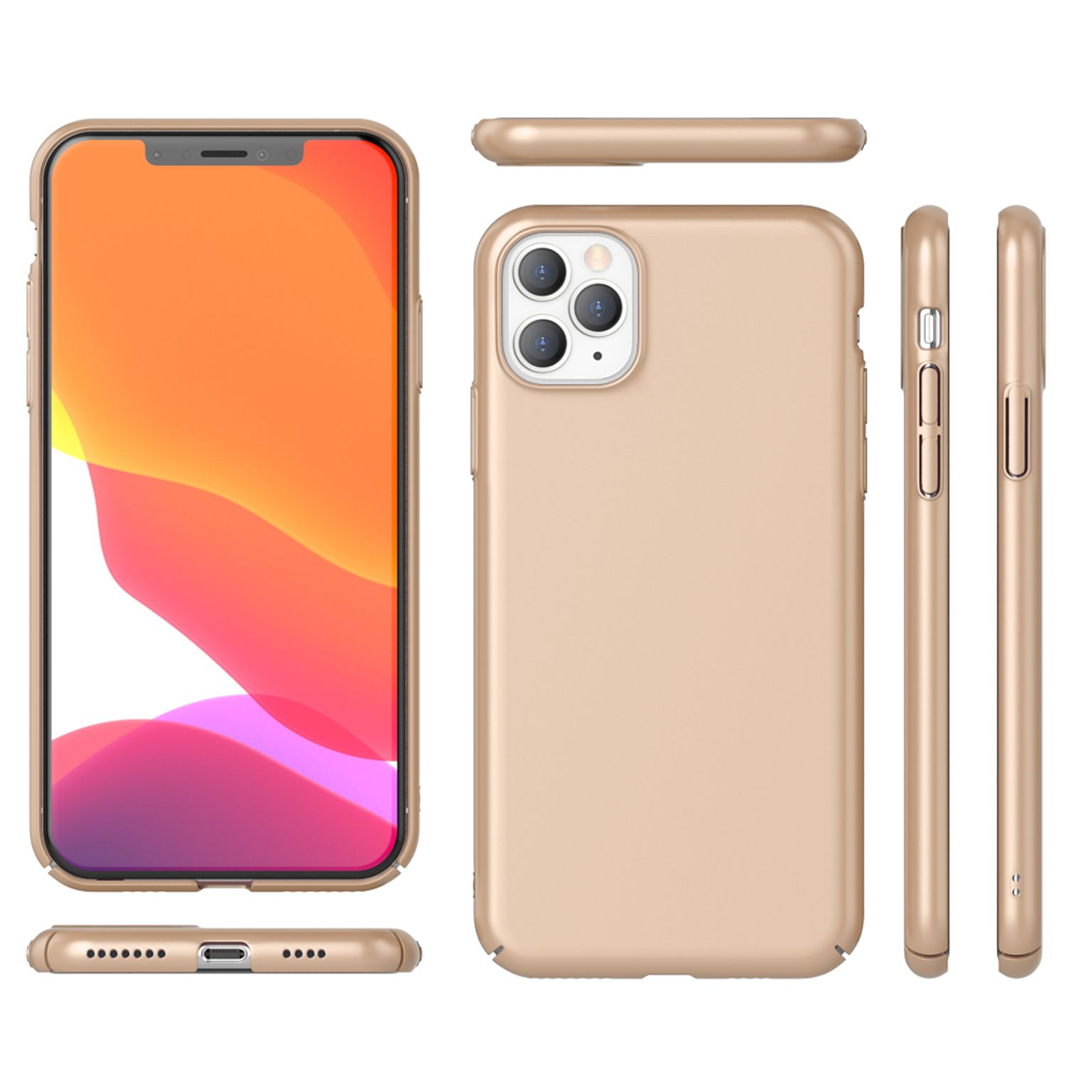 Goldene Handyhülle mit Telefon, verschiedene Winkel. Zeigt Telefondesign und Seiten.