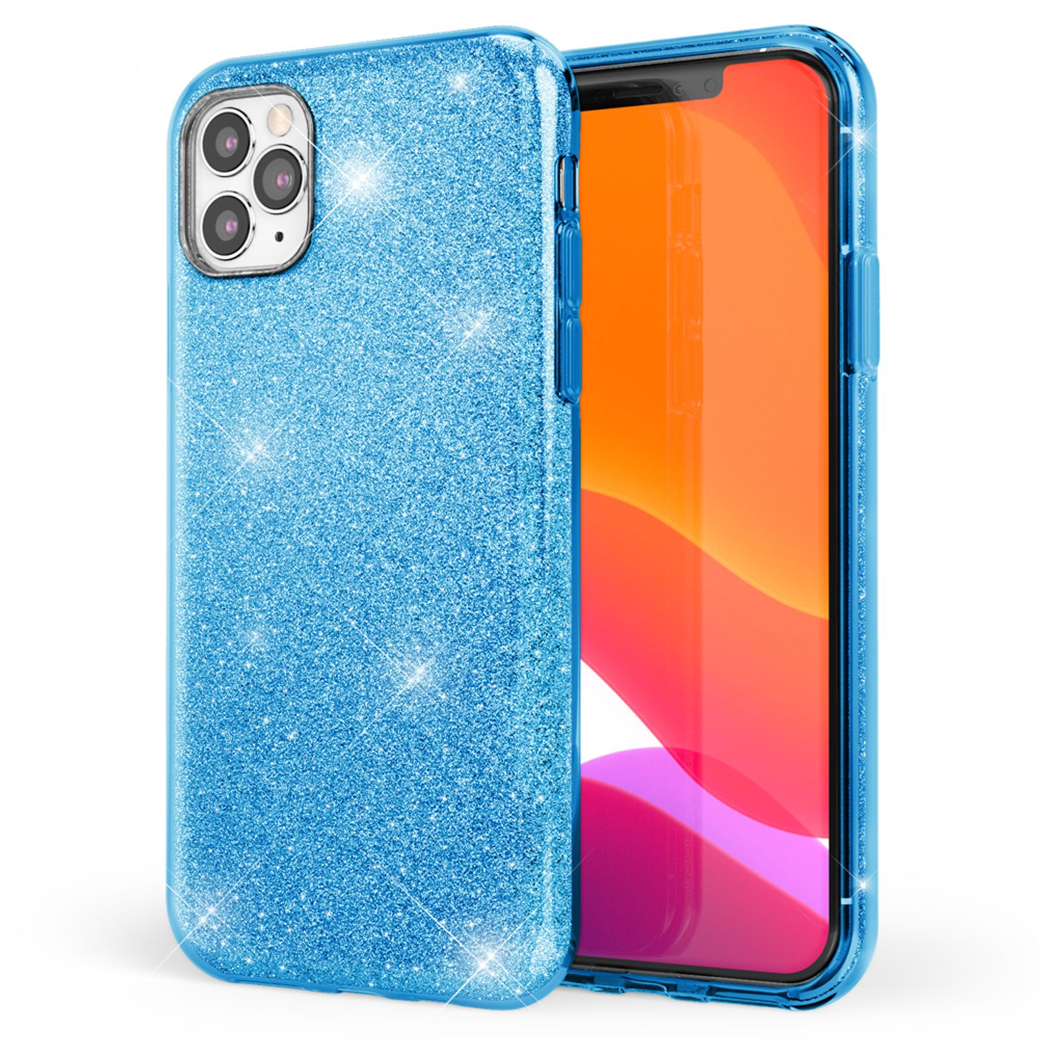 Una funda azul con purpurina en un teléfono. La funda es brillante y con purpurina.