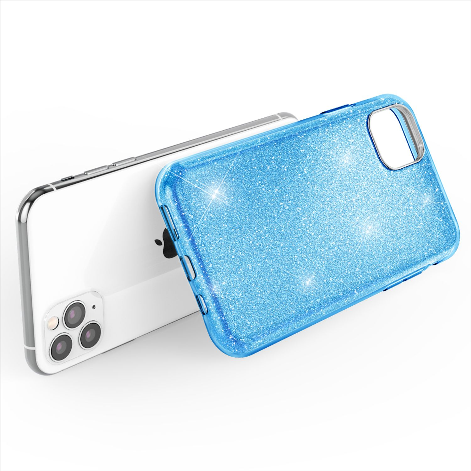 Funda de teléfono azul brillante con un teléfono. La funda tiene un agujero para la cámara y botones.
