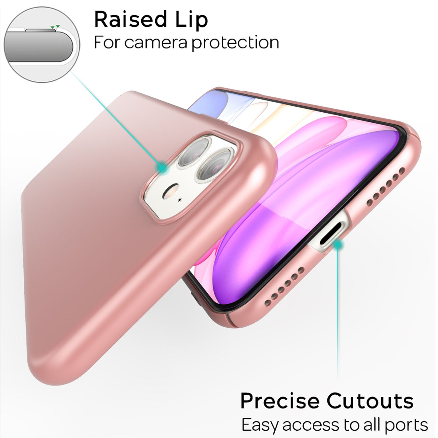 Rosa Handyhülle mit Telefon darin. Text zeigt 'Raised Lip' und 'Precise Cutouts'.