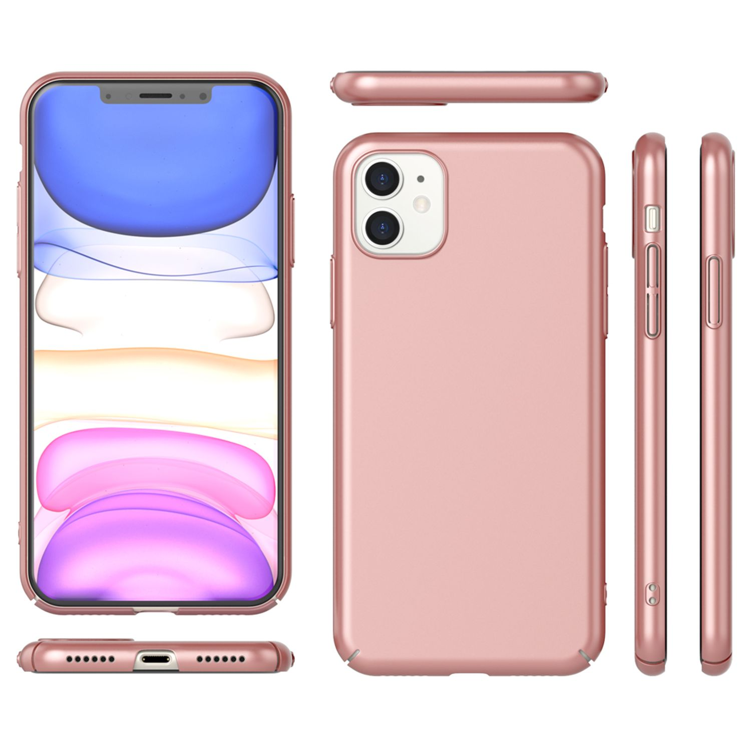 Roségoldfarbene Handyhülle, Telefonbildschirm sichtbar. Seiten- und Draufsicht. Alles auf weißem Hintergrund.