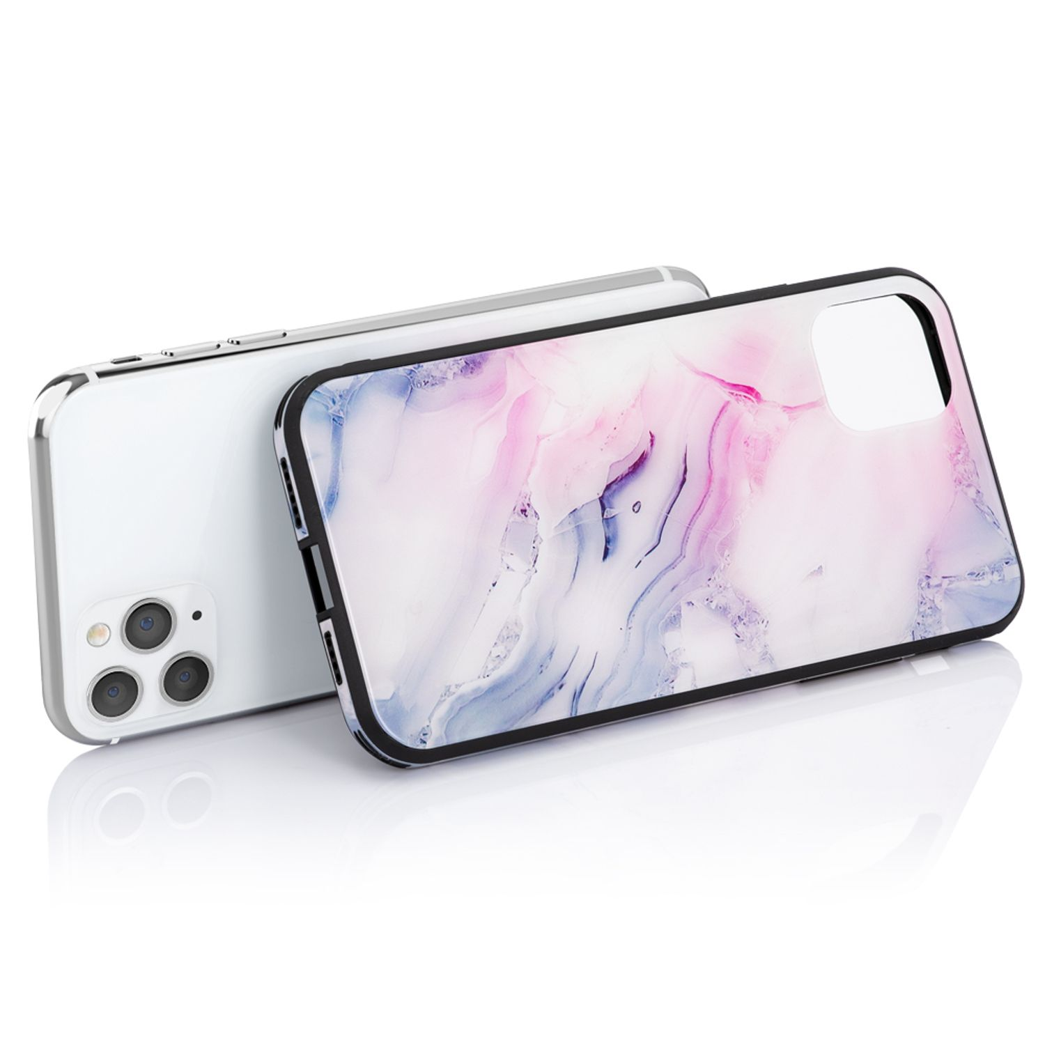 Weißes Telefon mit Marmorgehäuse. Das Gehäuse hat rosa, blaue und weiße Wirbel.