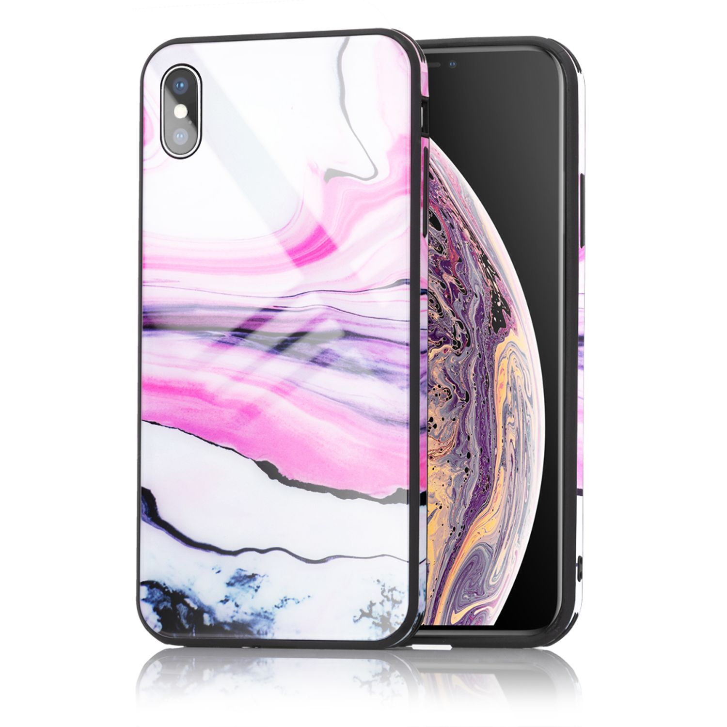 NALIA Marmor-Look Hartglas Lila iPhone XS, Apple, Backcover, X iPhone Hülle