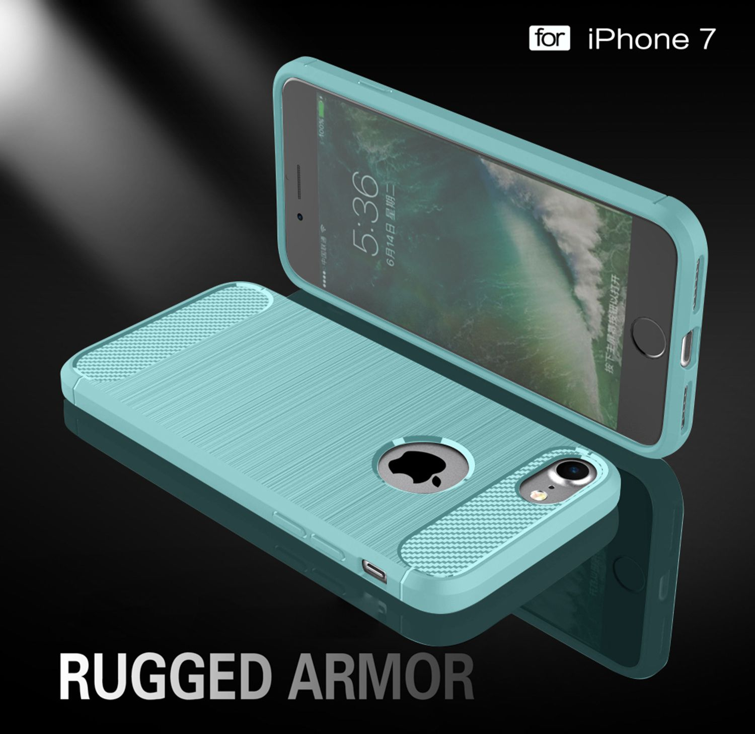 Custodia per telefono turchese su superficie nera. Schermo mostra 5:36. Testo: Rugged Armor.