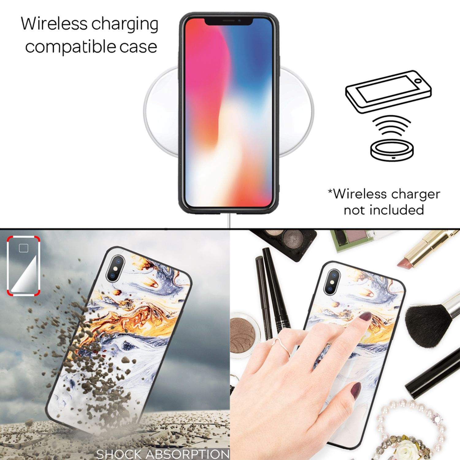 Telefon auf kabellosem Ladegerät und zwei Handyhüllen mit Illustrationen; Text: Stoßdämpfung.