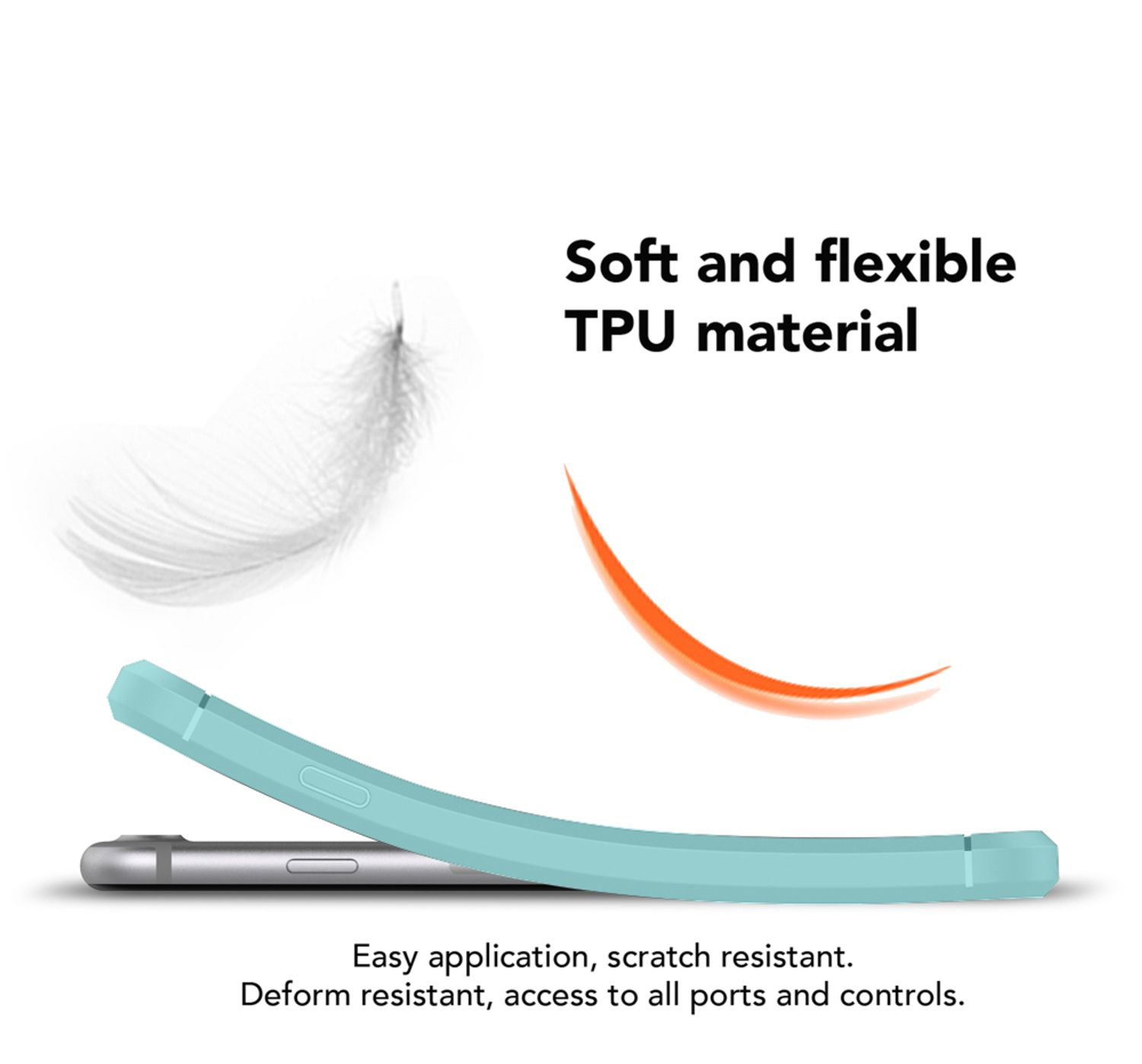 Custodia del telefono che si piega per mostrare la flessibilità. Testo: Materiale TPU morbido e flessibile. Facile applicazione.