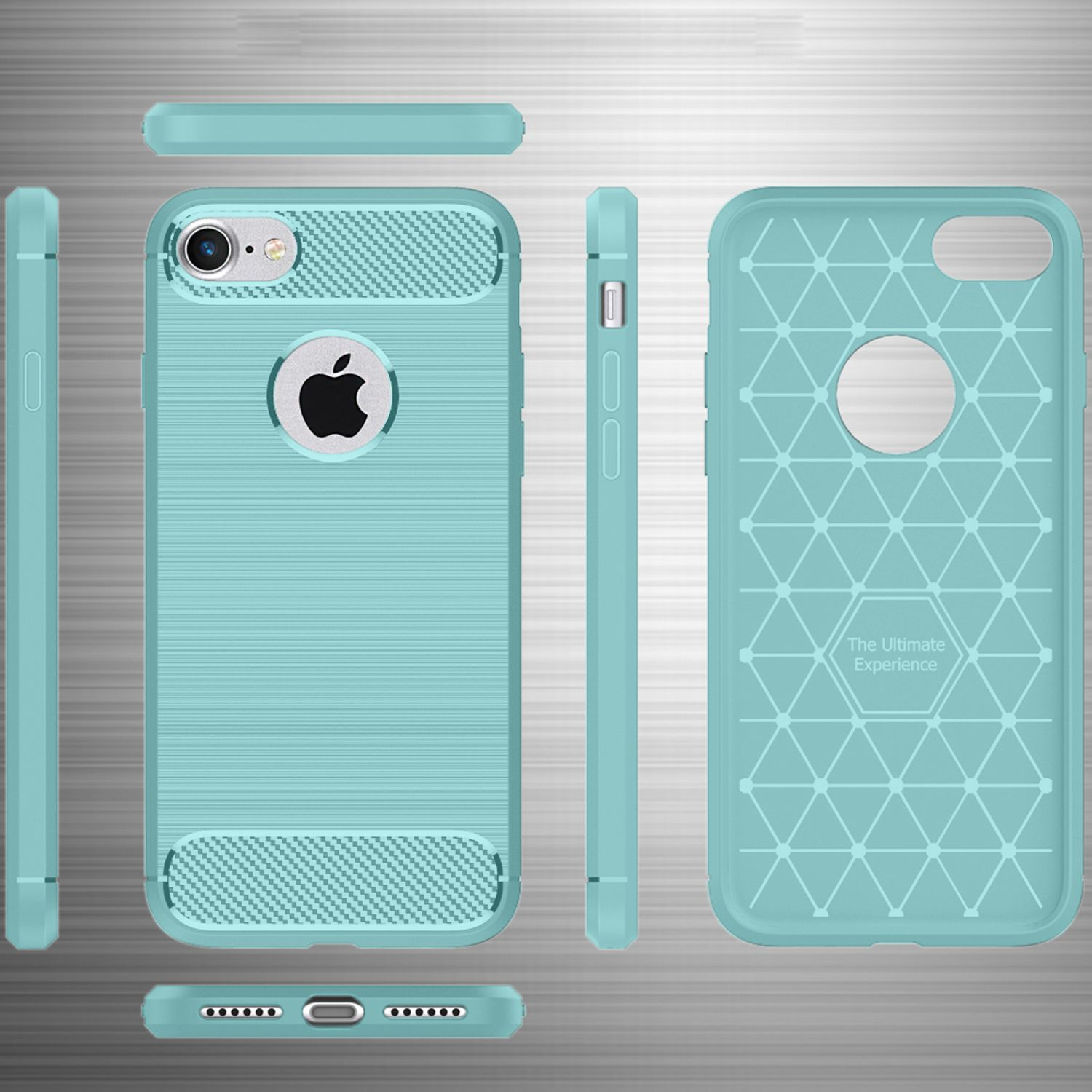Varie viste di una custodia per telefono azzurra. Ha un logo Apple e una texture.