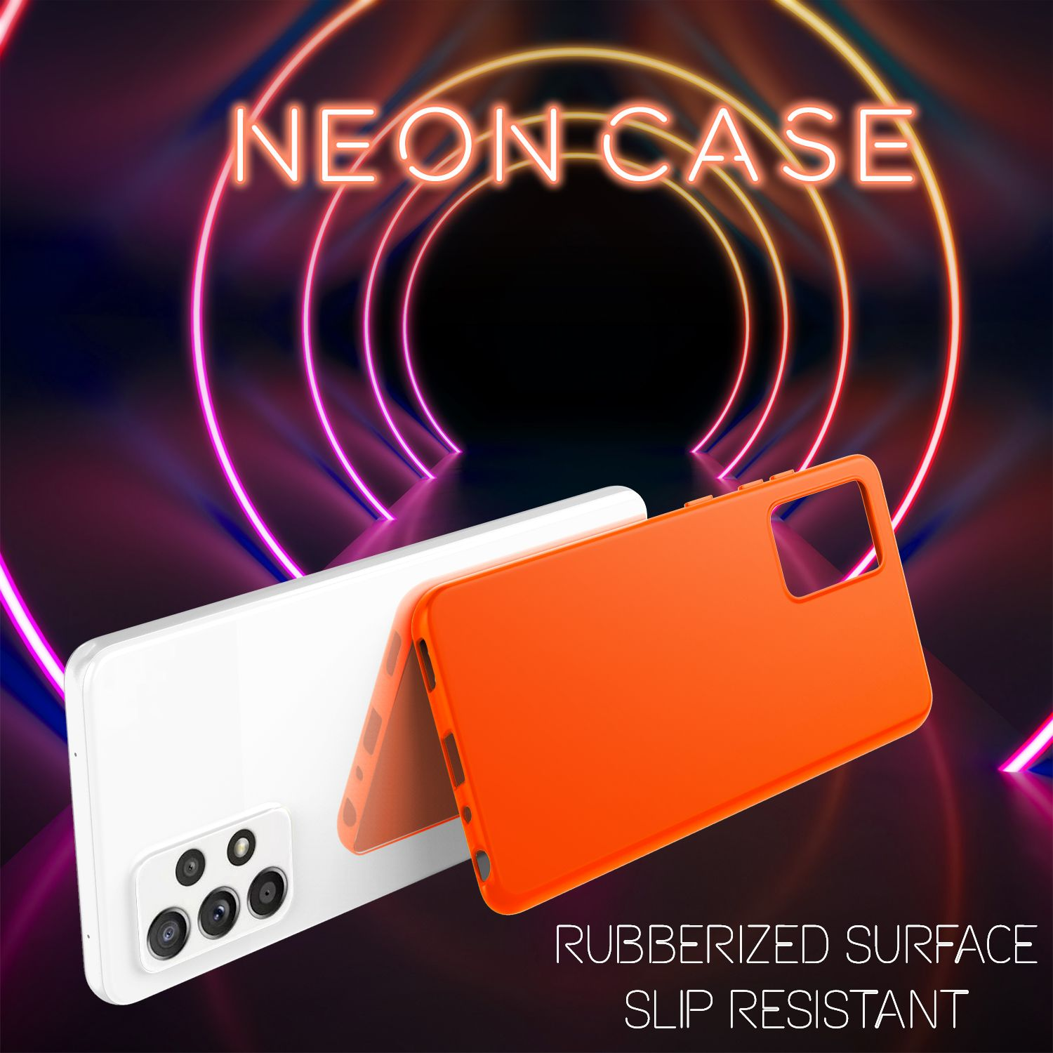Due custodie per telefono davanti a cerchi al neon. Una bianca, una arancione. Il testo recita "Neon Case" e "Rubberized Surface".