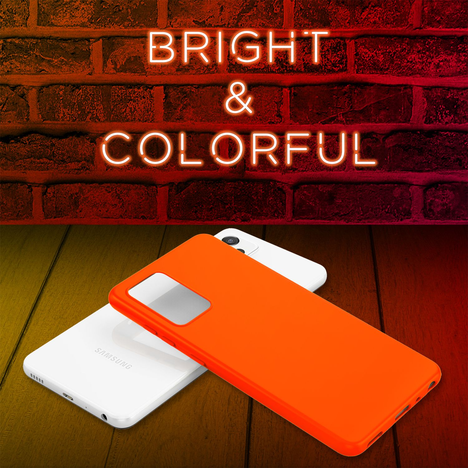 Custodia arancione su telefono bianco. Sfondo in mattoni con insegna al neon 'BRIGHT & COLORFUL'.