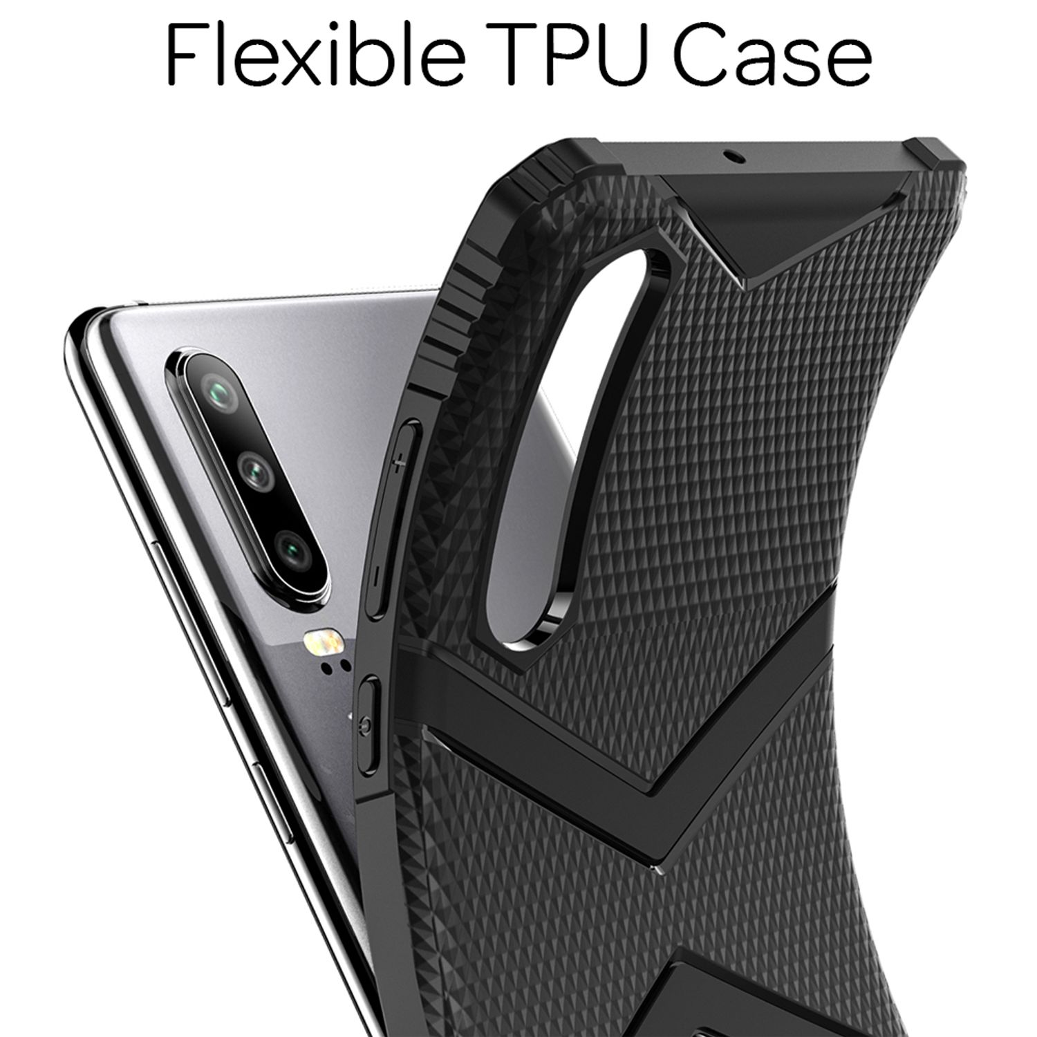 Un étui de téléphone est montré, avec l'étui flexible. Le téléphone est dans l'étui.