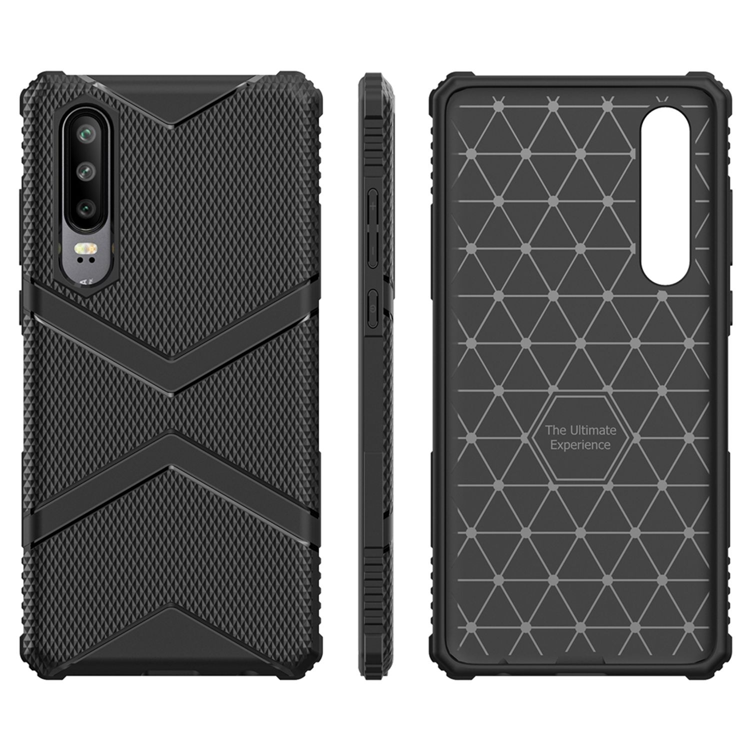 Une coque de téléphone noire avec un design géométrique, montrant des vues avant, arrière et latérales.