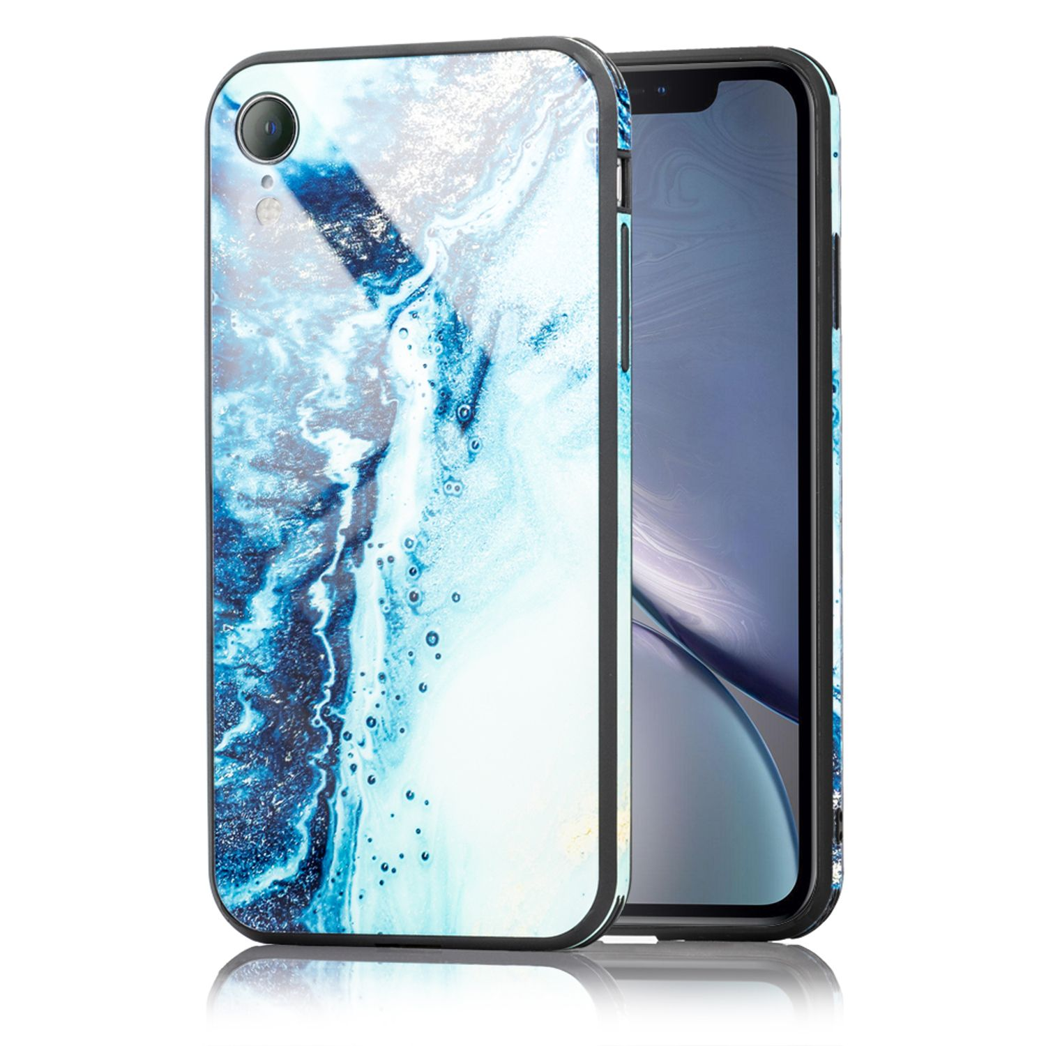 iPhone Hartglas Apple, Marmor-Look XR, NALIA Hülle, Blau Backcover,