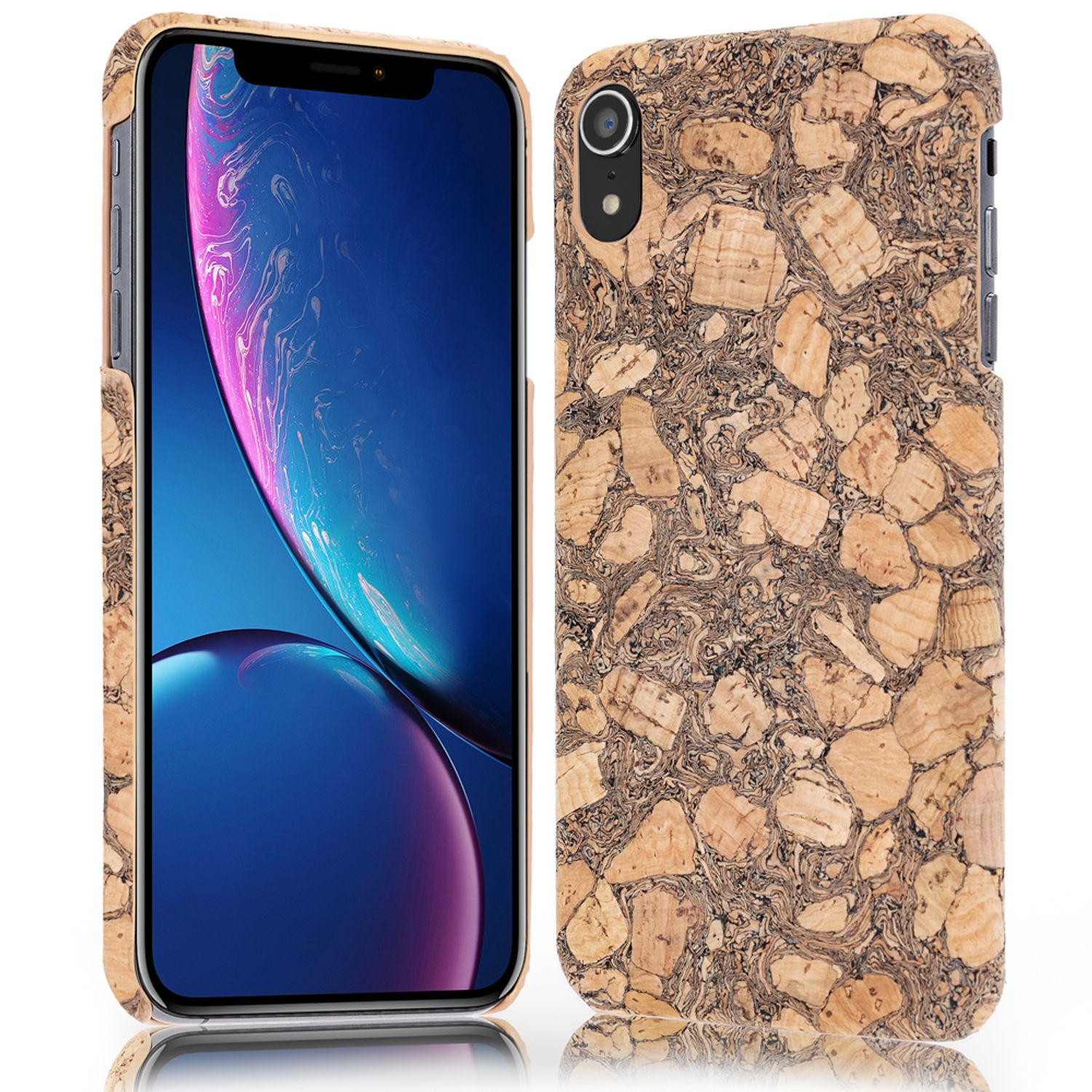 Telefon mit Hülle im Korkstil. Das Telefon zeigt ein blaues Display. Zweite Hülle sichtbar.