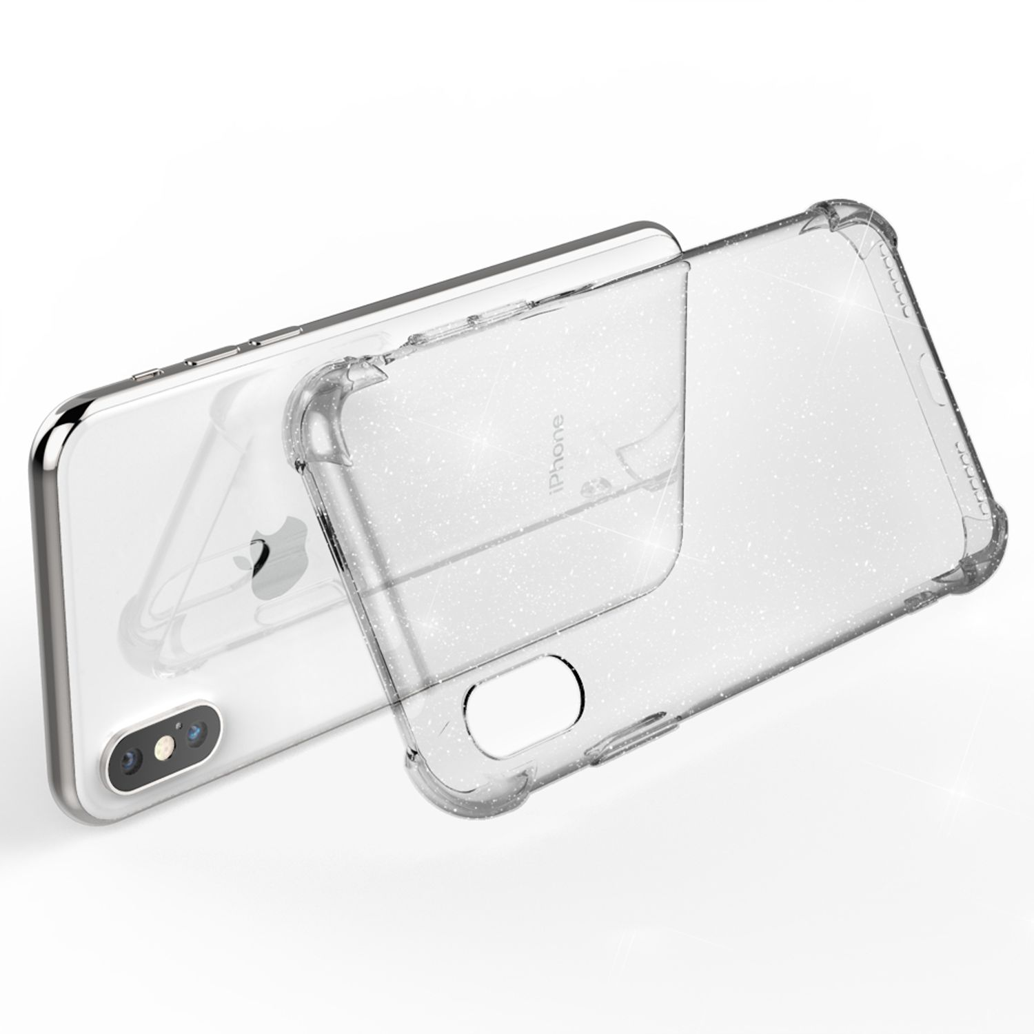 Ein Telefon mit transparenter Hülle, zeigt klares Design und Rückansicht. iPhone sichtbar.