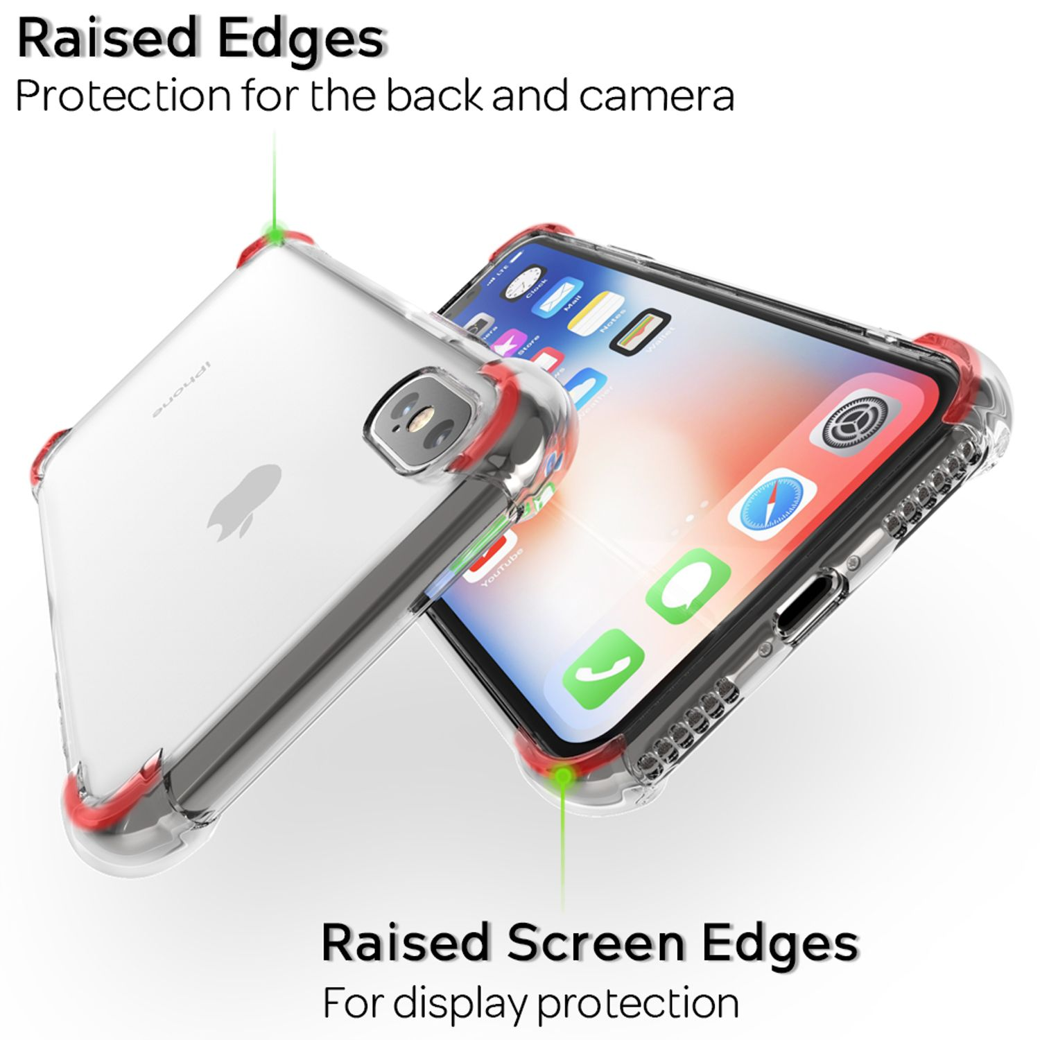 Ein Telefon in einer durchsichtigen Hülle mit roten Rändern, die Schutz für Rückseite und Bildschirm zeigt.