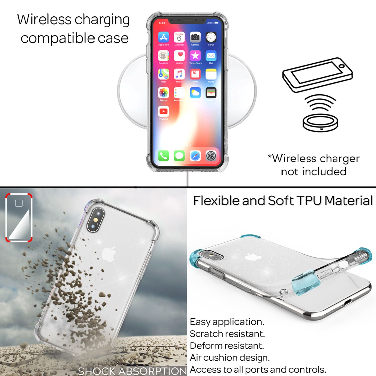 Telefon in klarer Hülle, kabelloses Ladegerät. Eigenschaften: einfache Anwendung, kratzfest usw.