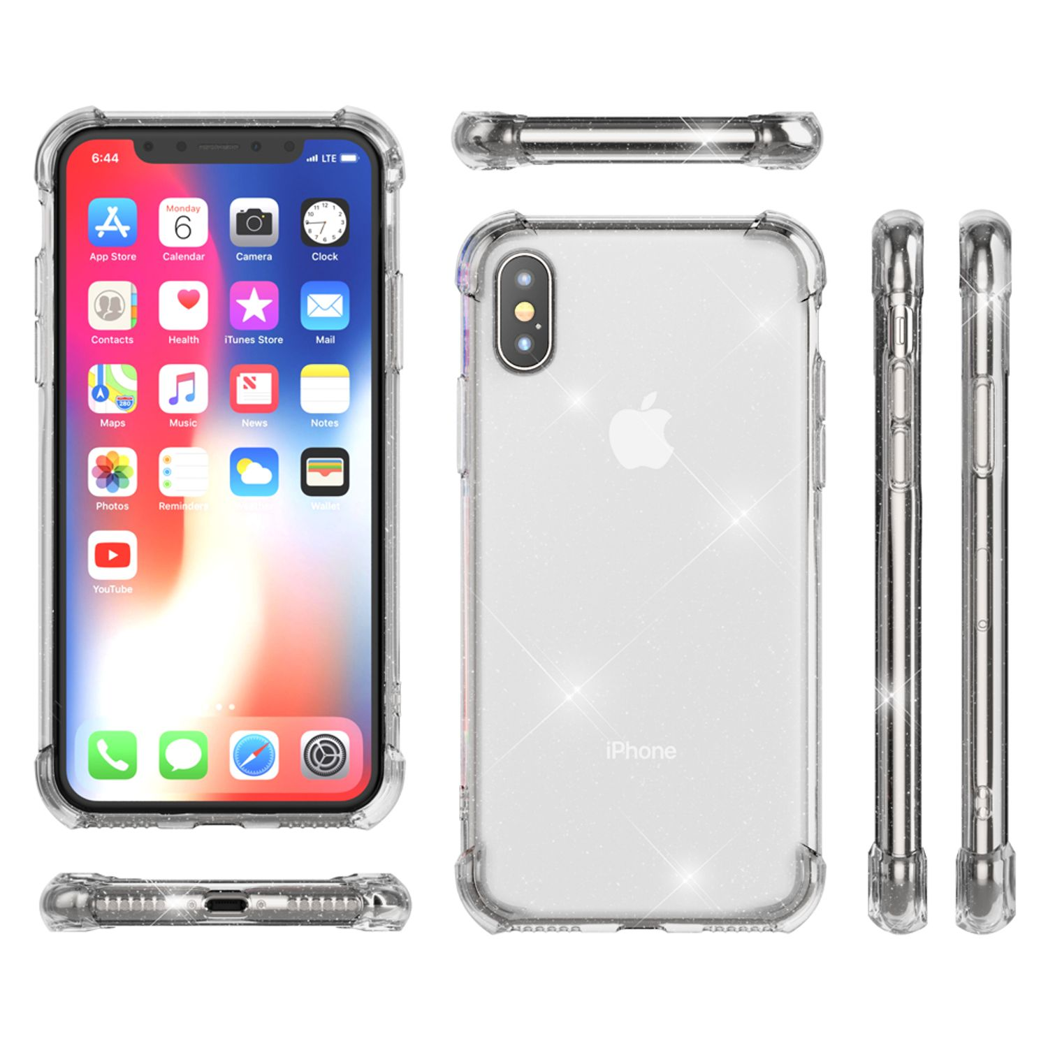 iPhone in transparenter Schutzhülle. Die Hülle ist transparent mit Glitzer, um das Telefon.