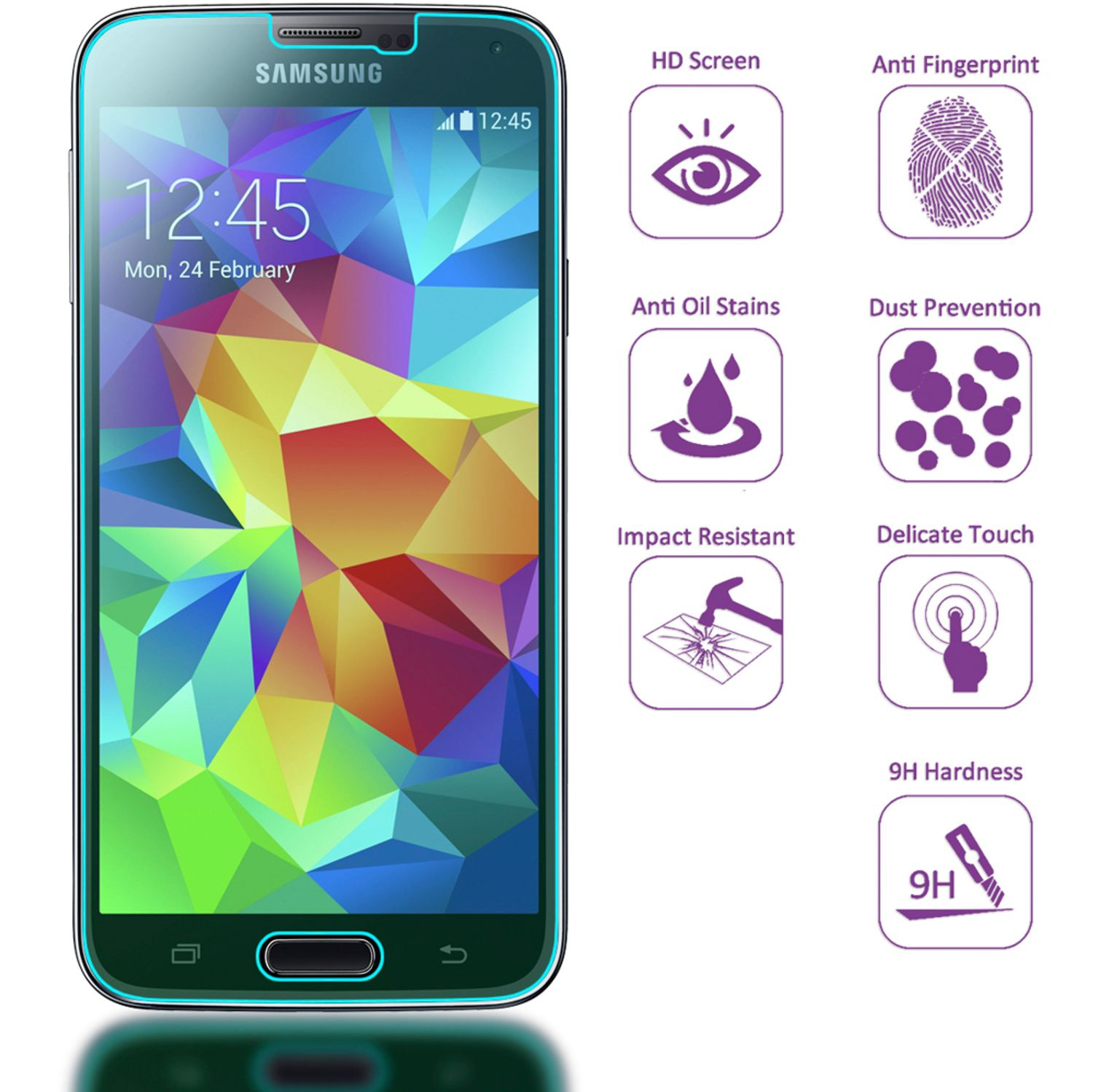 Protecteur d'écran pour téléphone Samsung. Téléphone à gauche, icônes à droite.