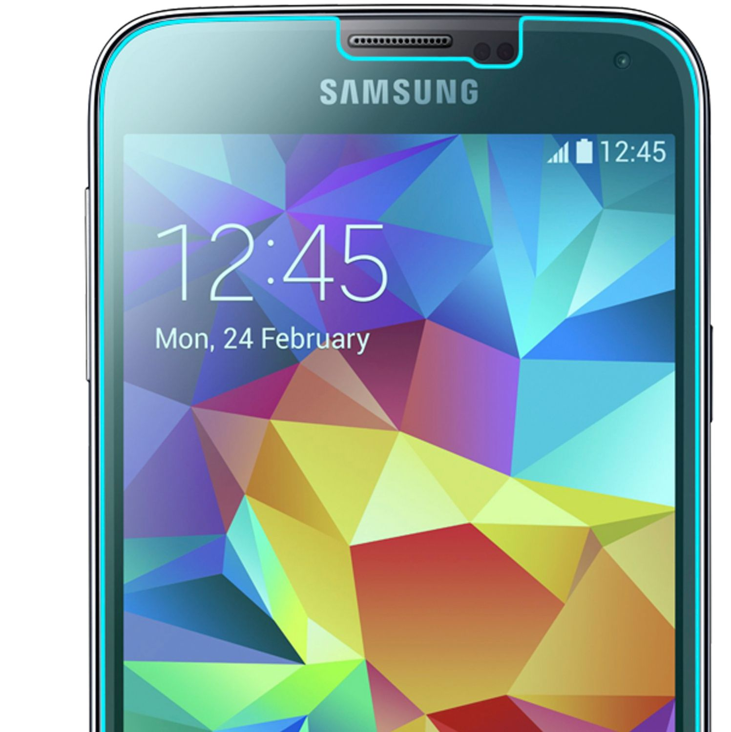Gros plan d'un téléphone Samsung. L'heure affichée est 12:45. Le téléphone a un protecteur d'écran.