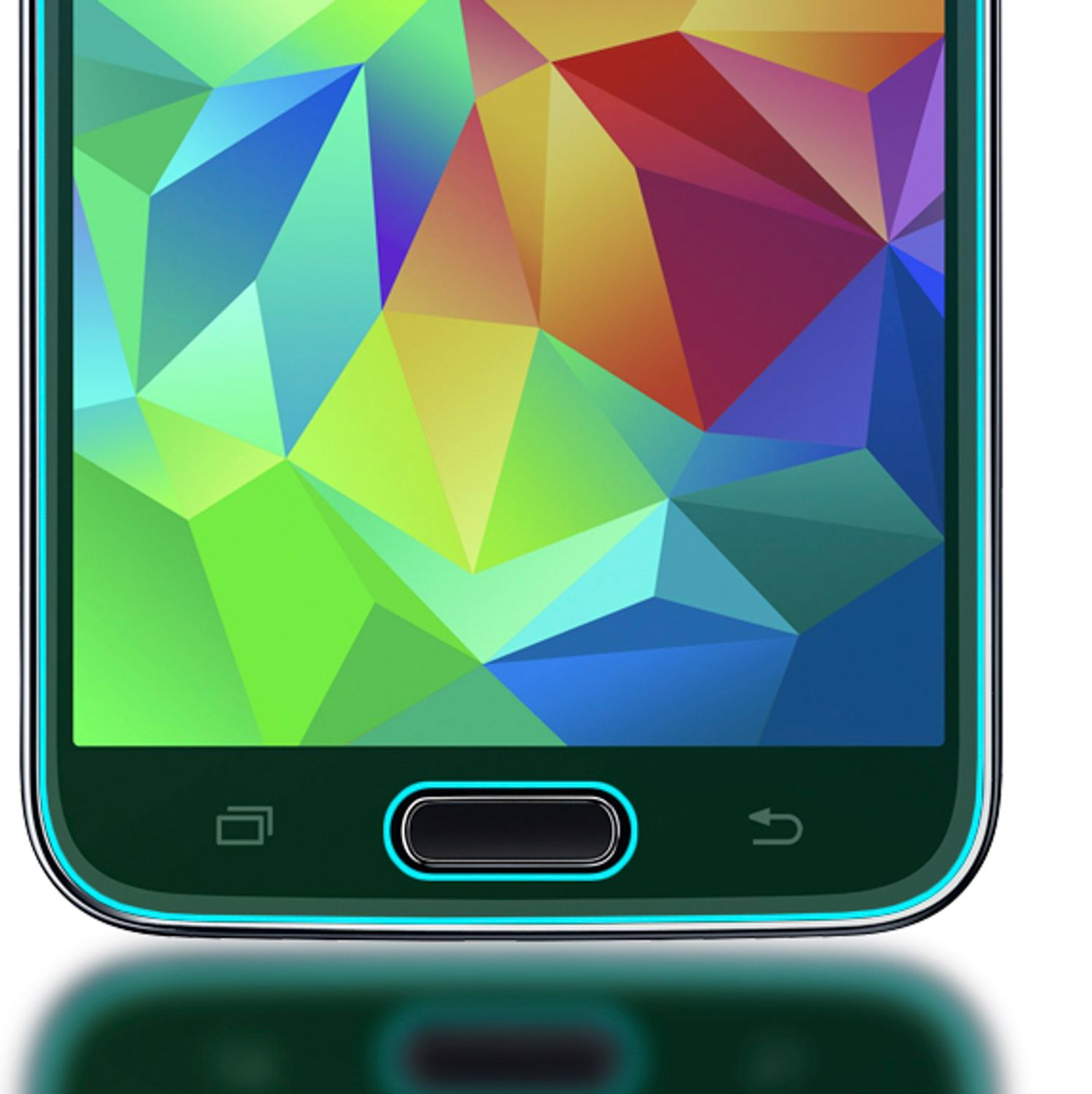 Smartphone avec un motif géométrique coloré sur l'écran, bordure verte et bouton d'accueil.