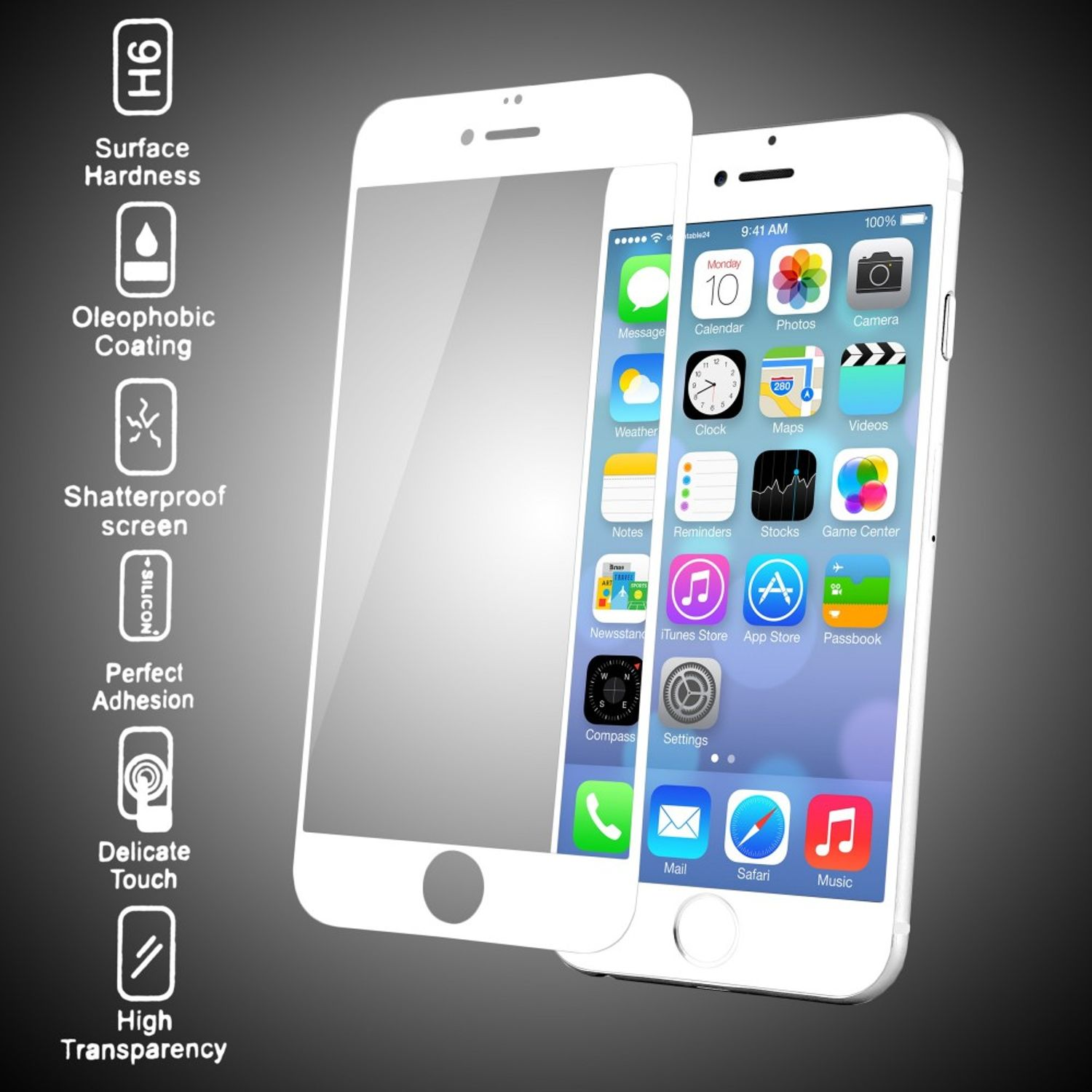 Smartphone blanc, protecteur d'écran avec icônes d'applications. Icônes de fonctionnalités à gauche.