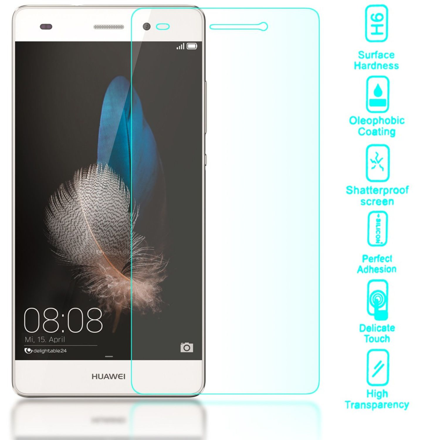 Smartphone blanc avec un protecteur d'écran. Les icônes de fonctionnalités sont sur le côté droit du téléphone.
