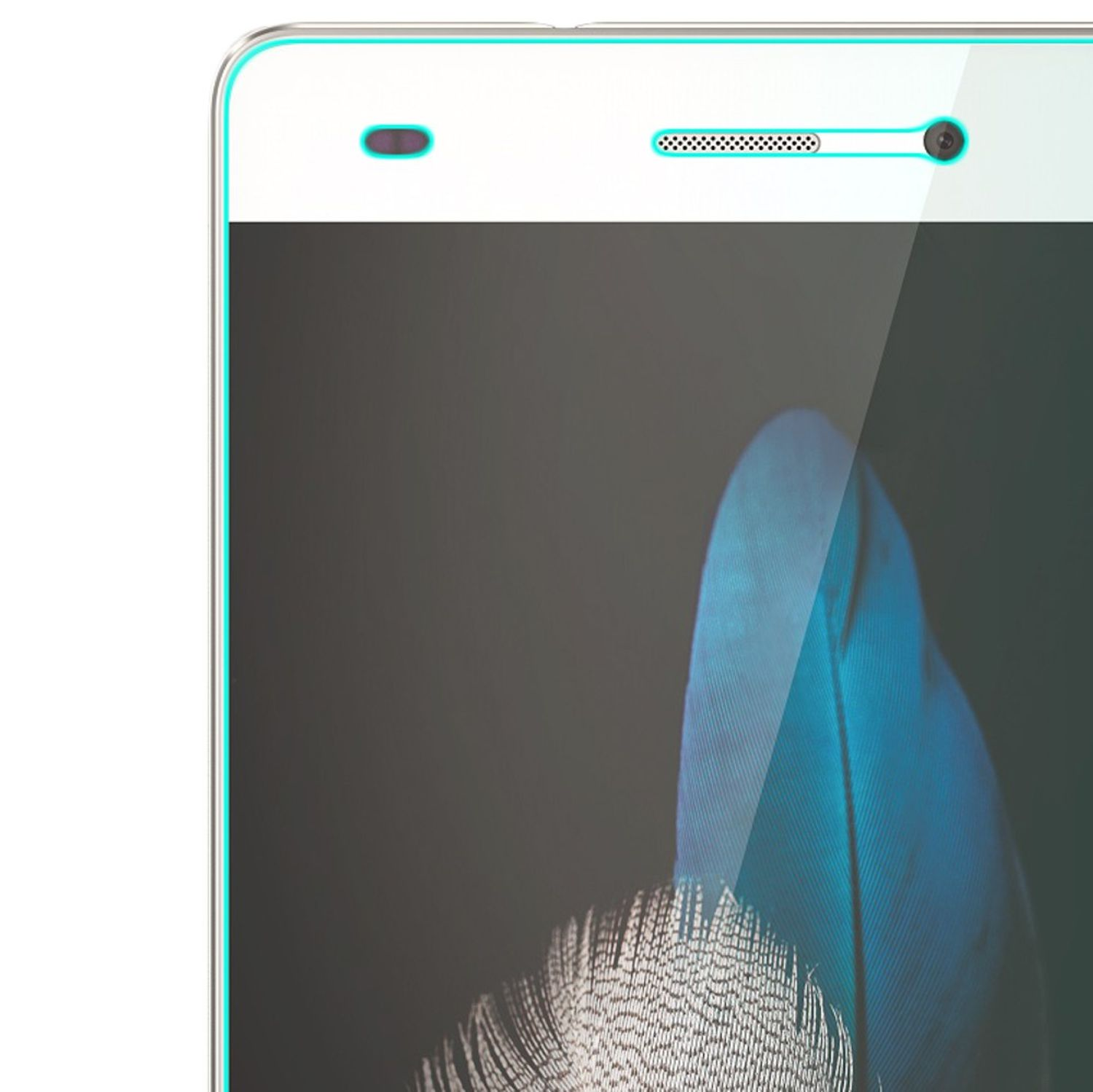 Gros plan d'un écran de téléphone avec protecteur. Affiche détails écran et fond de plume bleue.