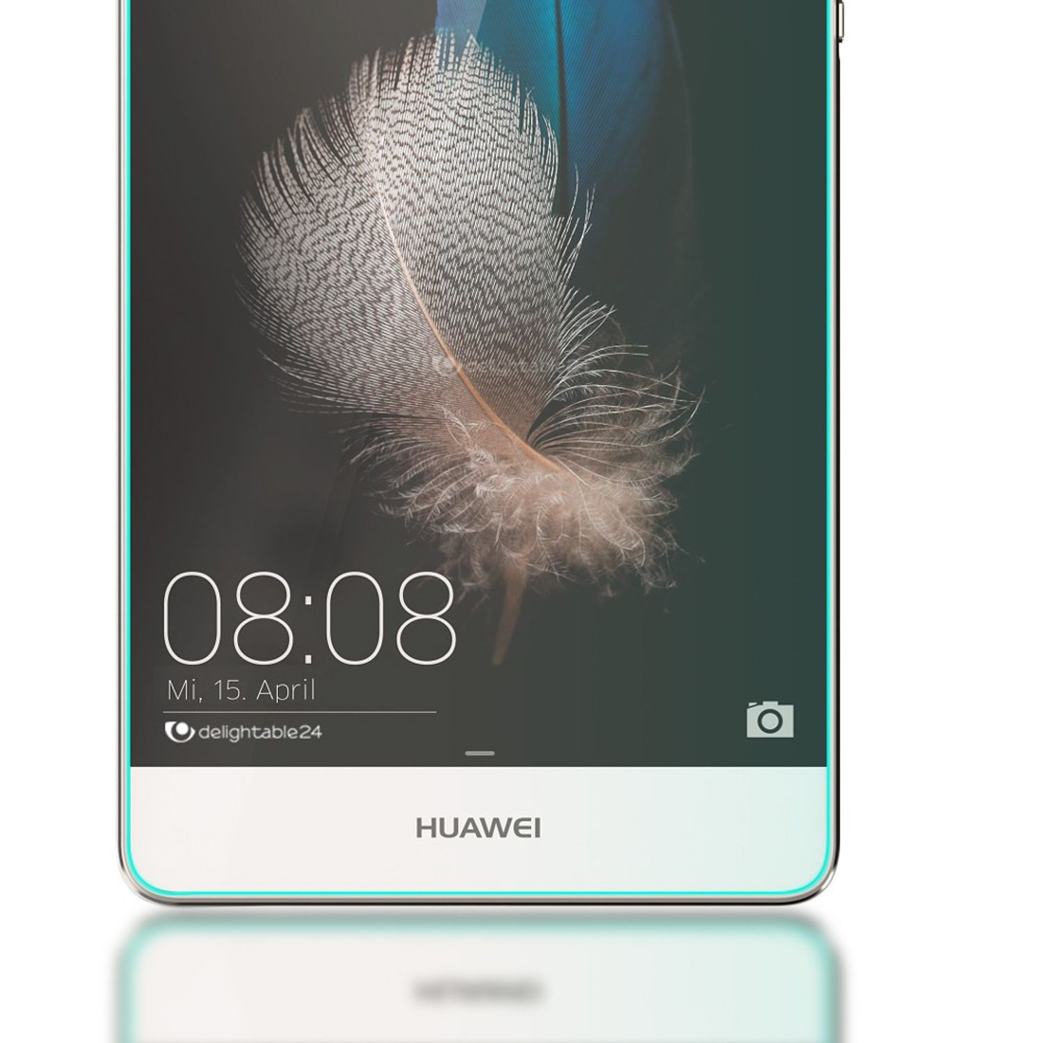 Écran de smartphone affichant un graphique de plume, l'heure et le logo Huawei en bas.