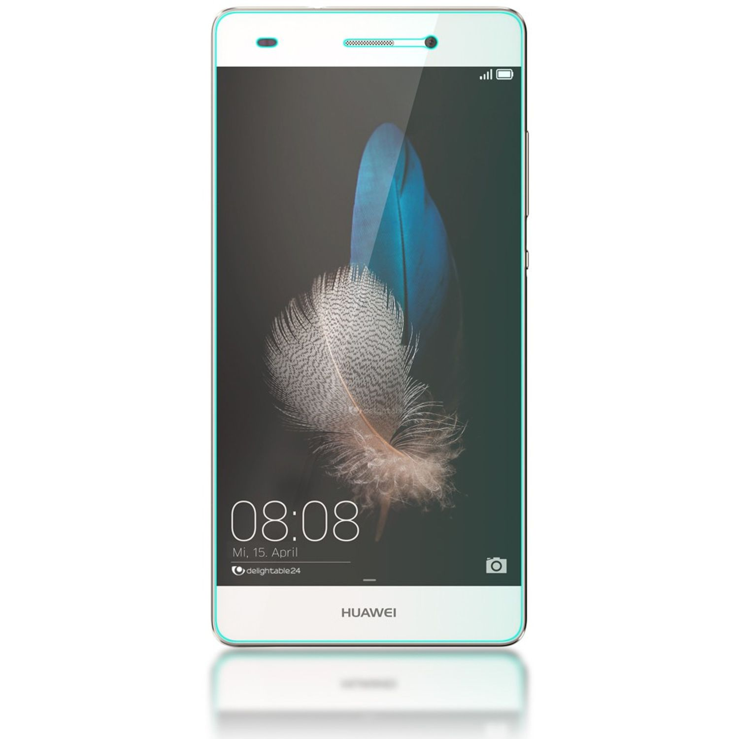 Smartphone blanc avec écran et une image de plume. Le bas affiche le nom de la marque.