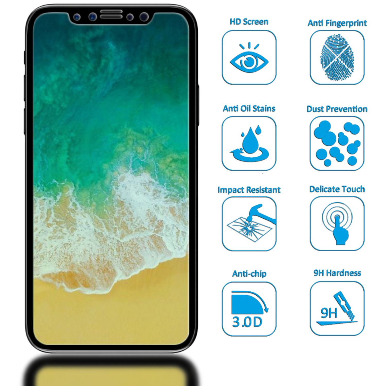 Smartphone avec protecteur d'écran. Icônes pour écran HD, anti-traces de doigts, anti-taches d'huile, prévention de la poussière, etc.