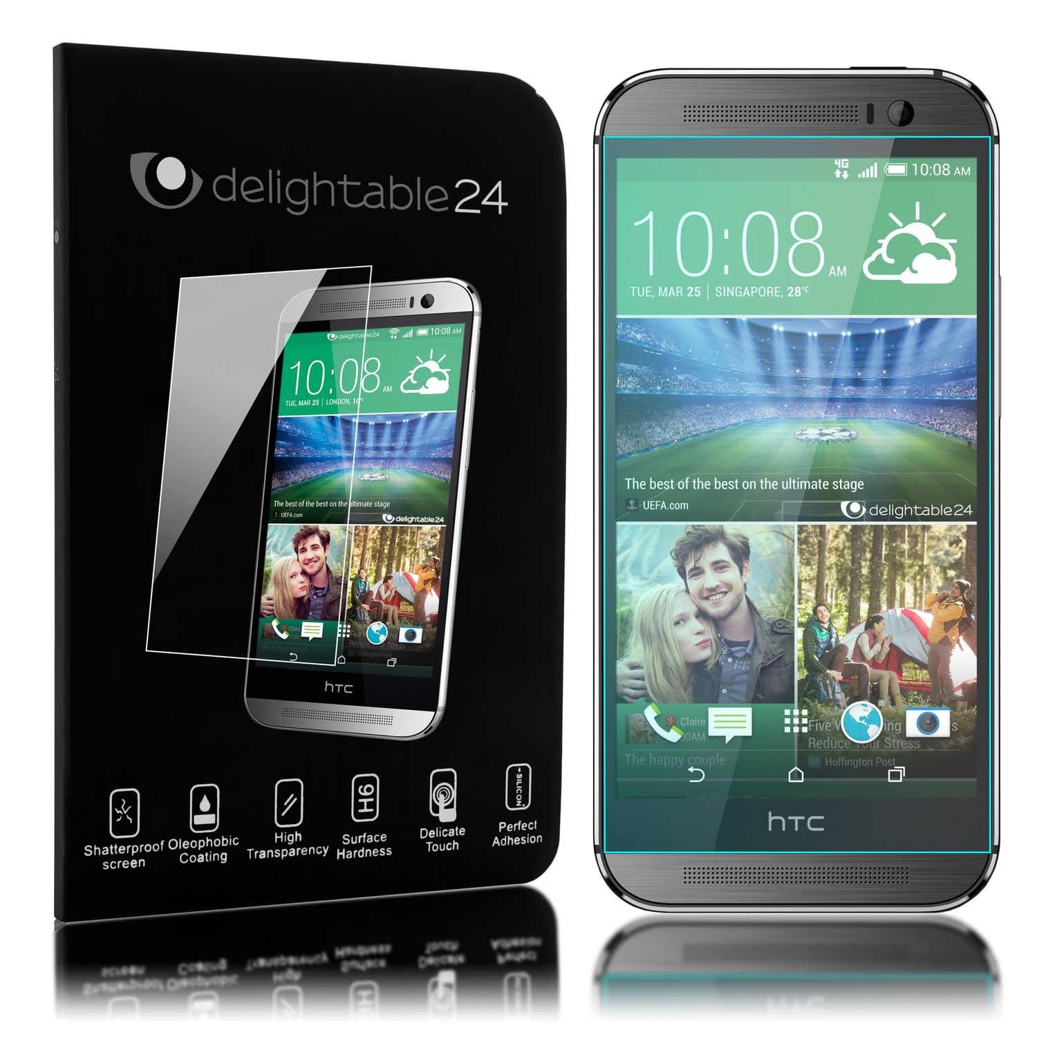 Ein Smartphone und ein Displayschutz, mit einer Box. Das Telefon zeigt App-Symbole und ein Foto.