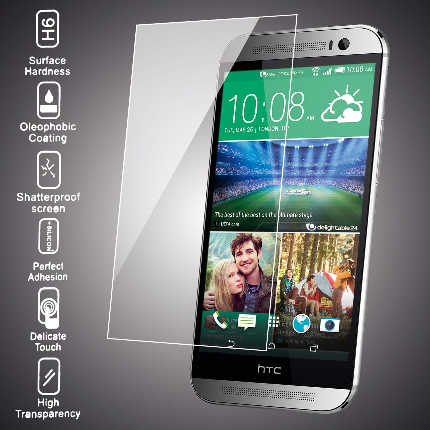 HTC-Telefon mit Displayschutz. Der Bildschirm zeigt eine Wetter-App und ein Paar. Der Schutz ist klar.