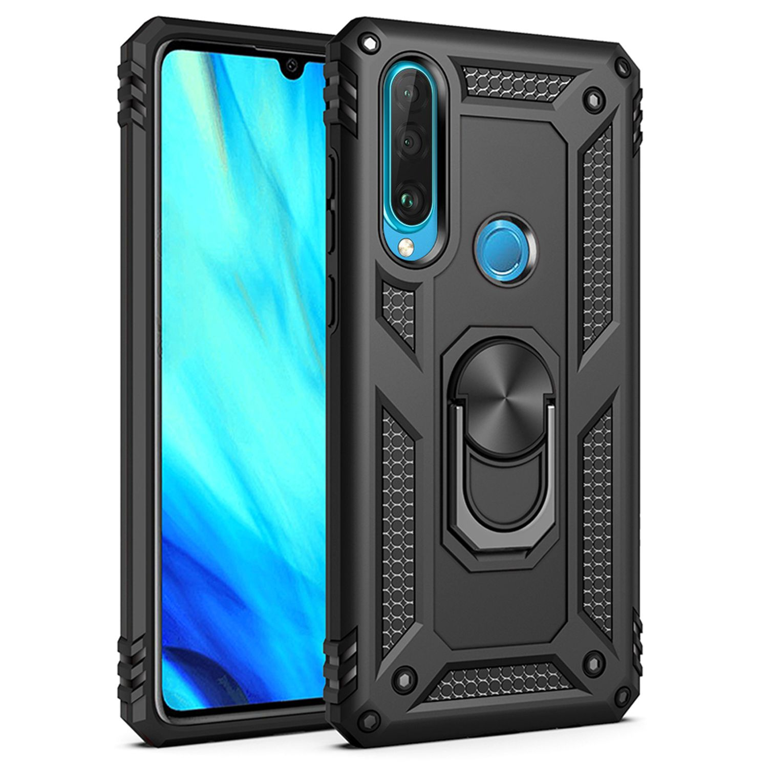 Schwarze Handyhülle mit strukturierter Rückseite und Ringhalter. Das Telefon hat eine Dreifachkamera.